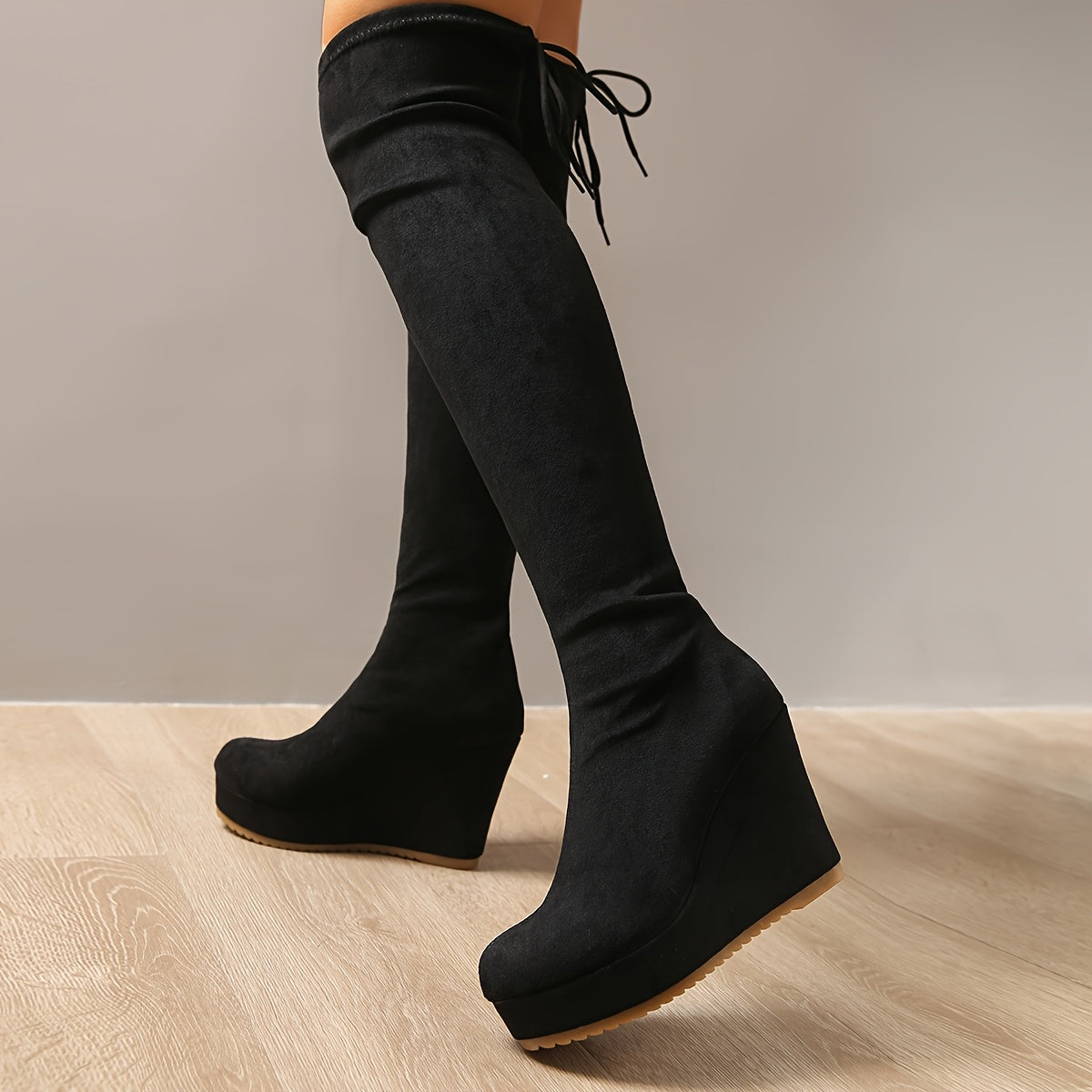 Women Black Faux Cover Platform Boots with Adjustable Lace-Up Ankle Strap