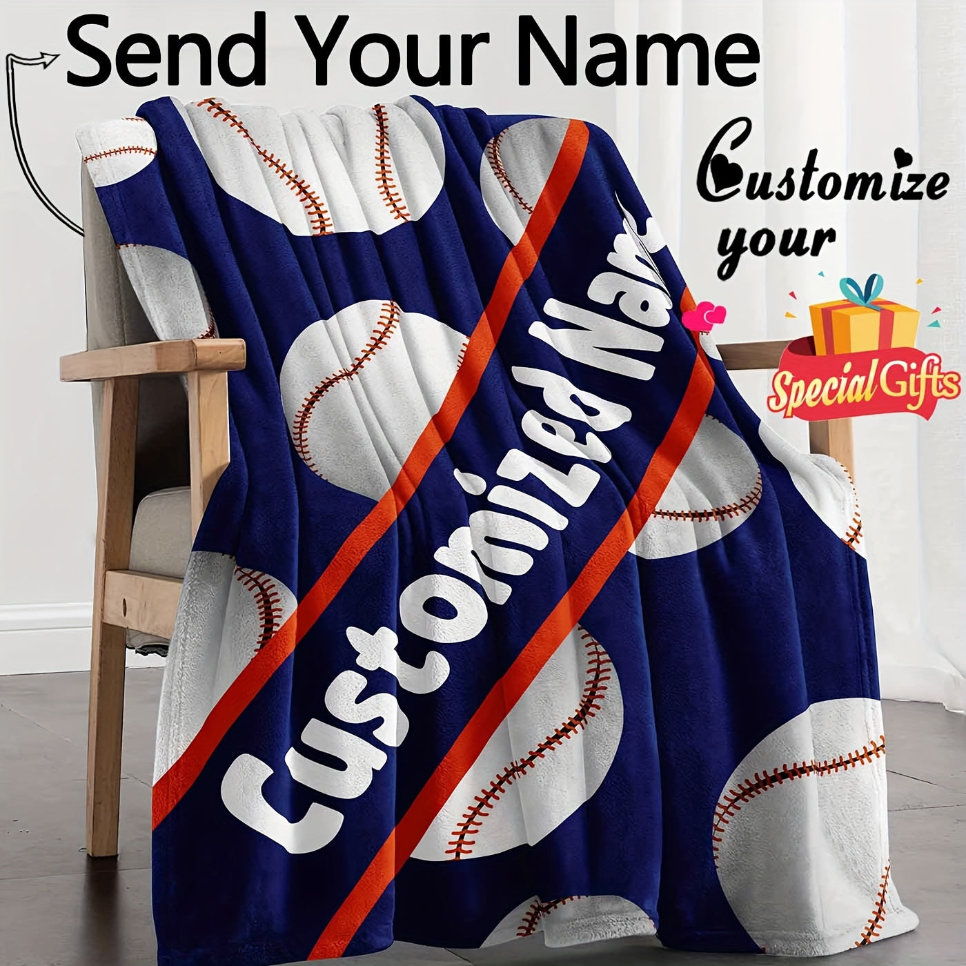 Personalized Fleece Baseball Blanket with Custom Name Reversible Sports Throw Lightweight All-Season Sofa Camping Travel