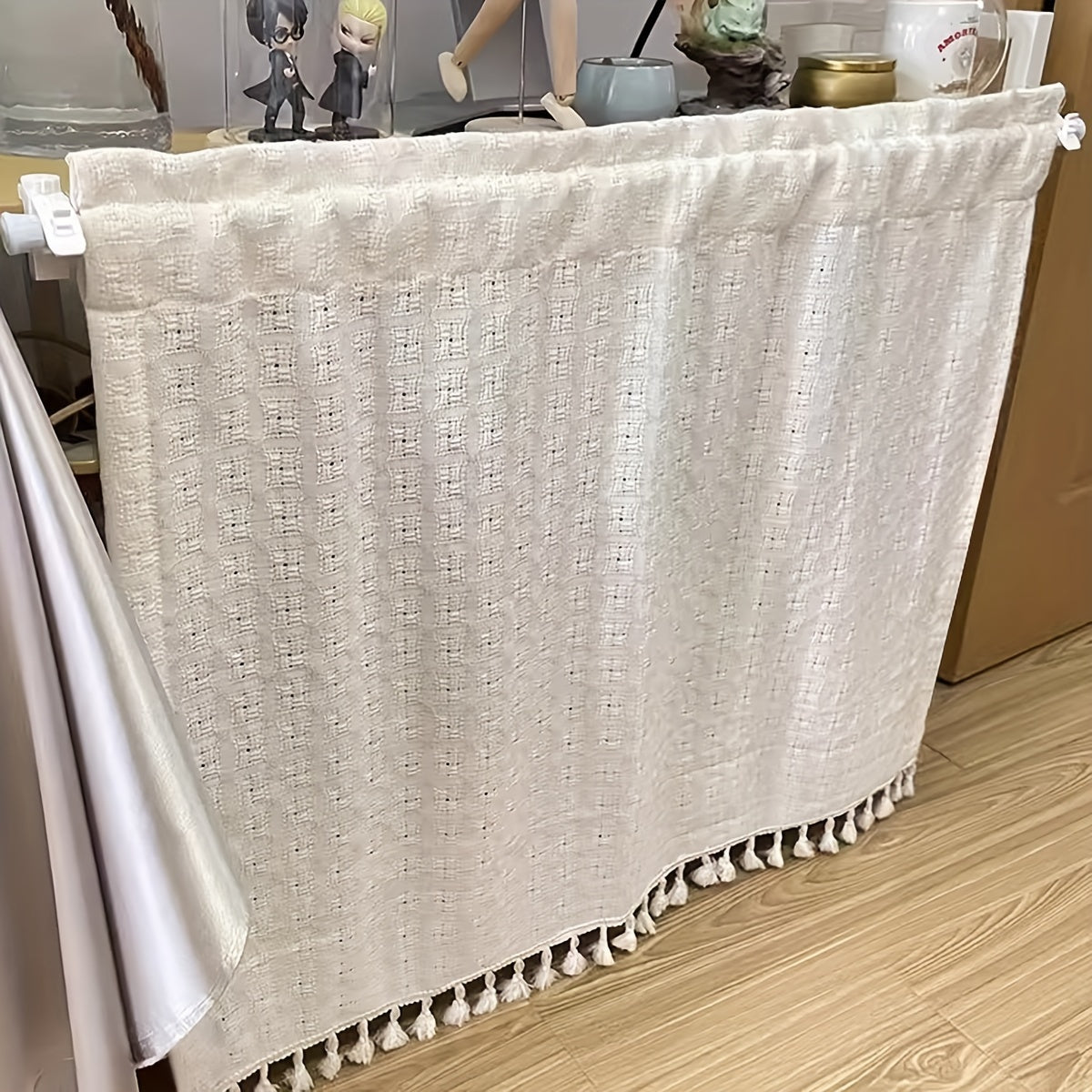 Beige Plaid Tassel Curtain with Rod Pocket for Kitchen Living Room Bedroom