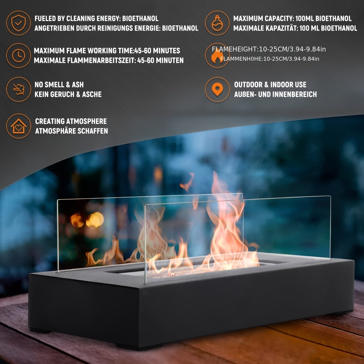 Rectangular Bioethanol Tabletop Fire Pit Portable Outdoor Camping Fireplace