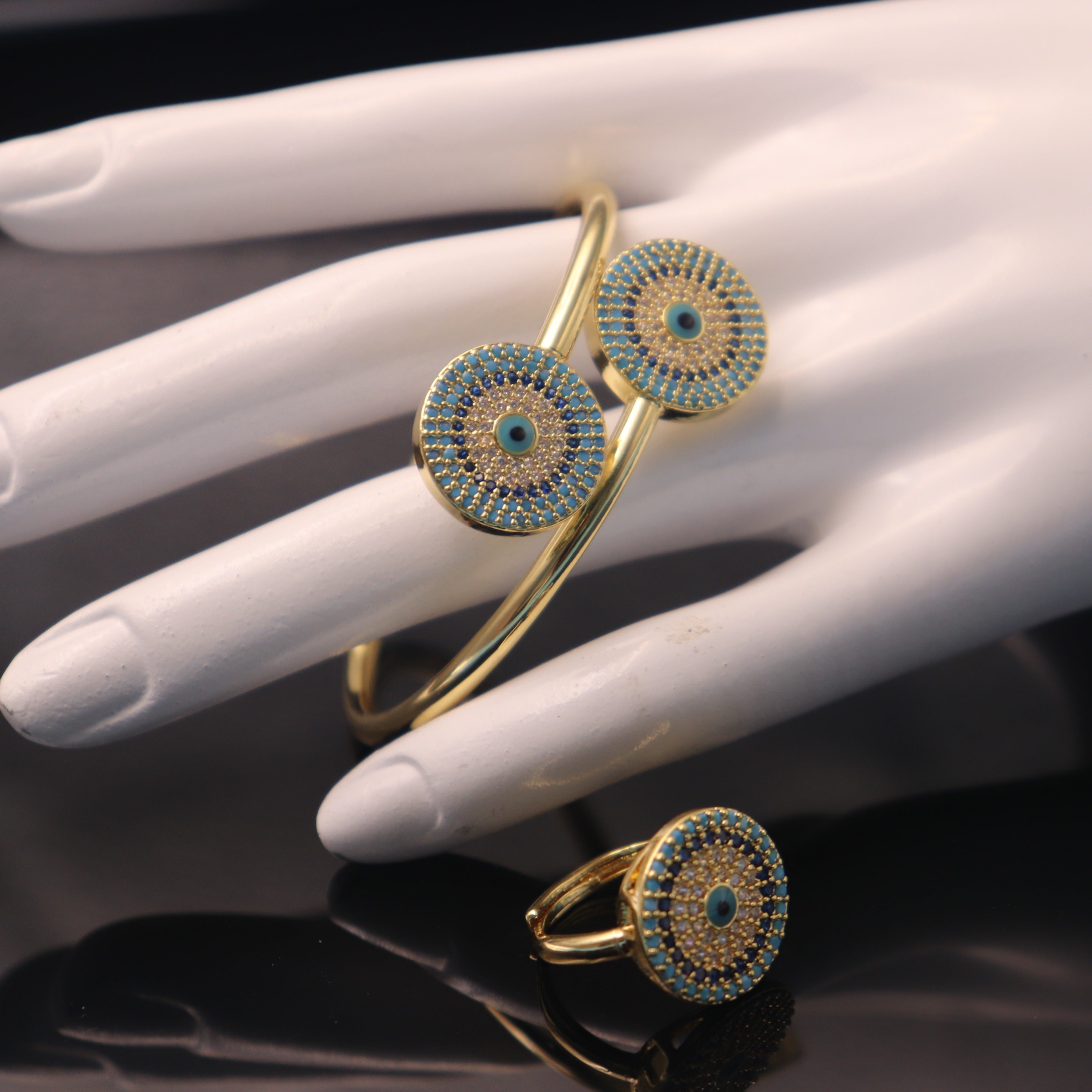 Gold Plated Bangle with Turquoise Inlay and Ring for Women