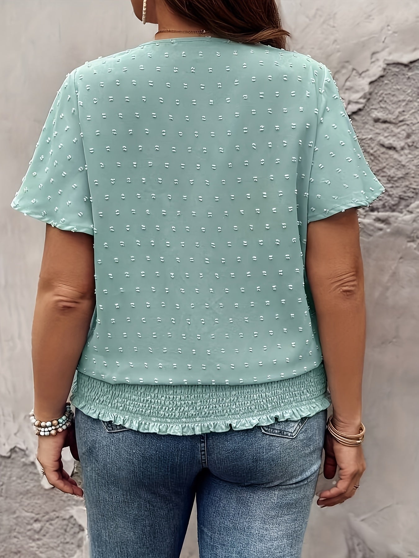 Plus Size Women's Cotton T-Shirt with Ruffled Hem and Eyelet Embroidery