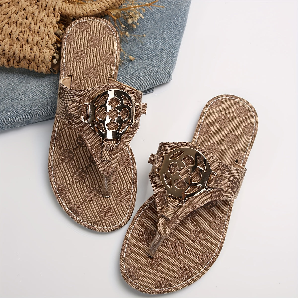 Women’s Metallic Buckle Flip Flops, Flowers Pattern, Summer Flat Slides