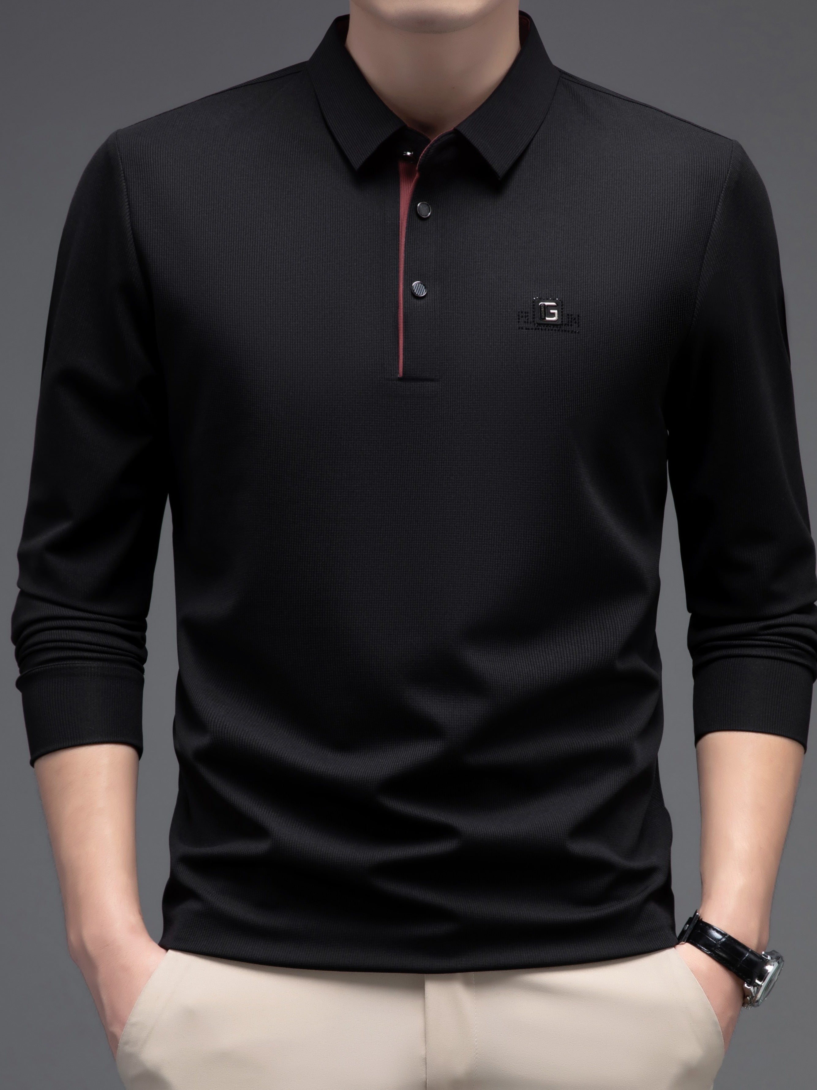 Camisa de manga larga de color sólido para hombre con botones, cuello de solapa y detalles con logotipo