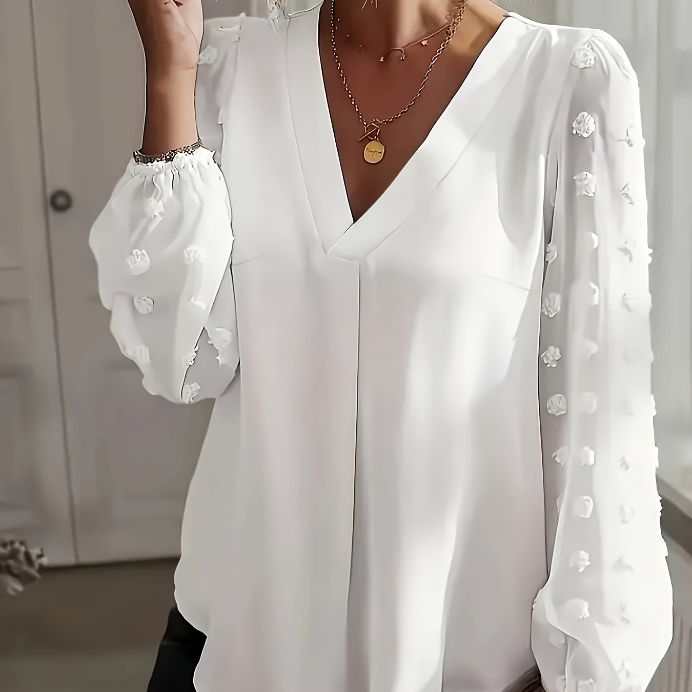 Women's V-Neck Shirt with Pom Pom Details Plus Size Long Sleeve Polyester