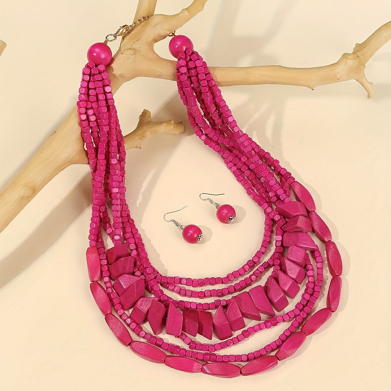 Bohemian Wooden Jewelry Set with Necklace Earrings and Chain in Multiple Colors