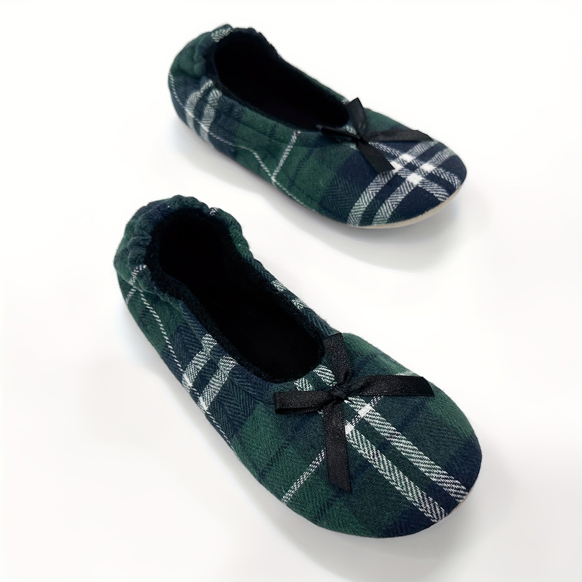 Women's Plaid Ballet Flats with Black Bowknot Casual Slip-On Round Toe
