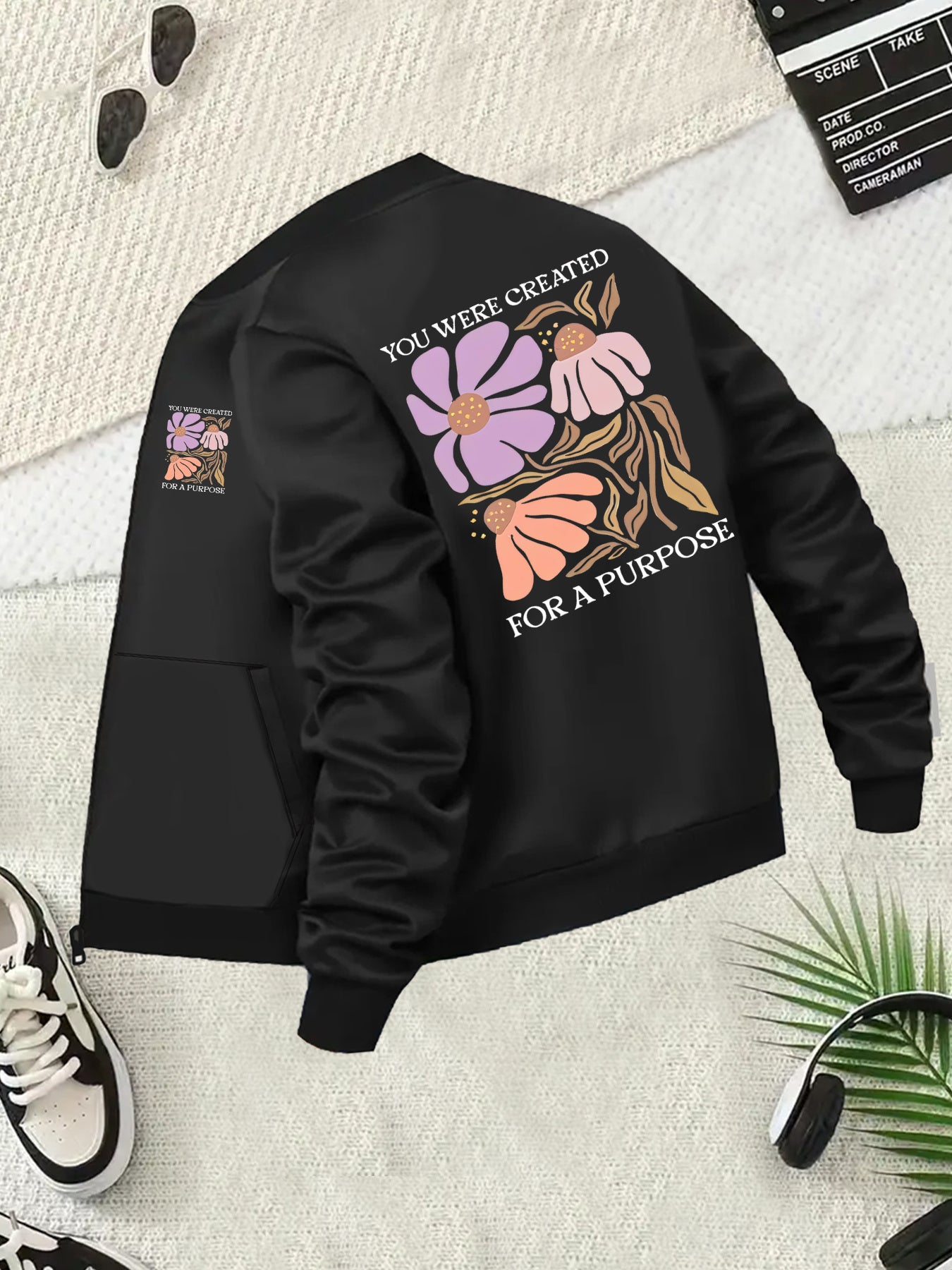 Women's Black Floral Design Jacket with Long Sleeve Casual Coat