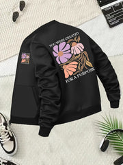 Women's Black Floral Design Jacket with Long Sleeve Casual Coat