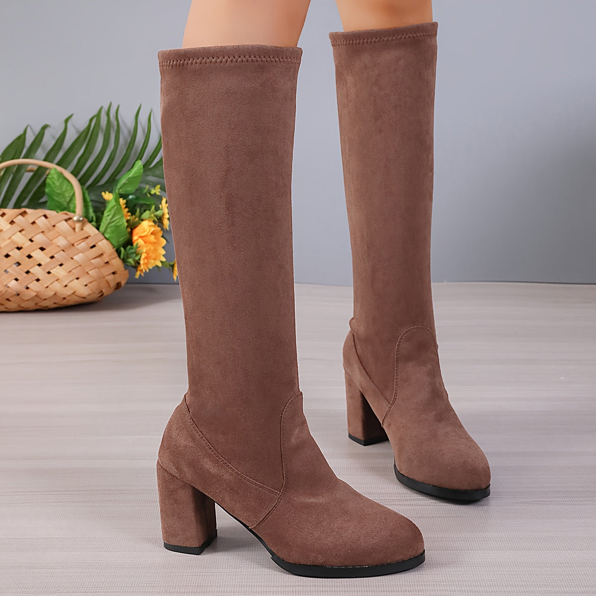 Women's Elastic Mid-Calf High Heel Boots Black Leather