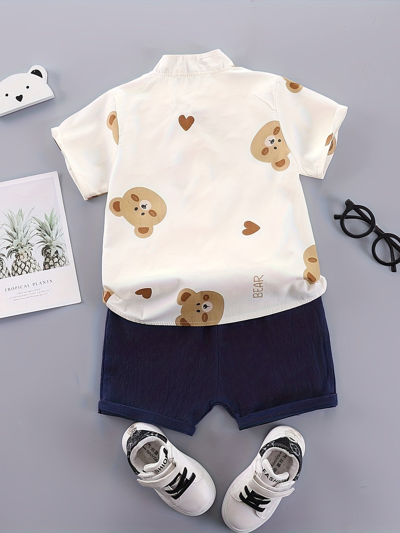 Boys Summer Outfit Cotton Short Set Cartoon Bear Print Woven Pants Outdoor Activities