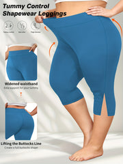 Plus Size Women's Flat Waist 7-Pocket Leggings with Side Slits for Spring Summer