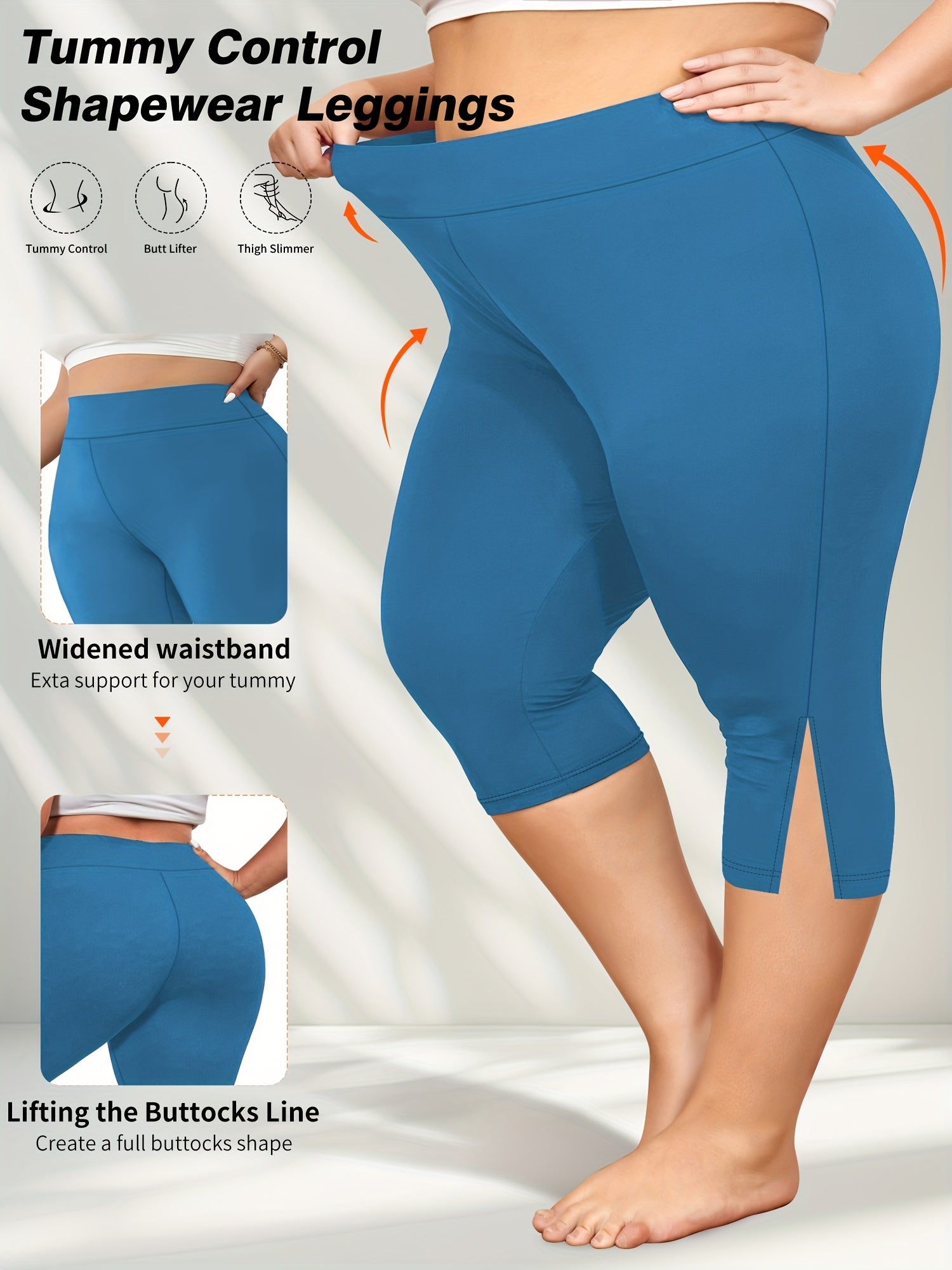 Plus Size Women's Flat Waist 7-Pocket Leggings with Side Slits for Spring Summer