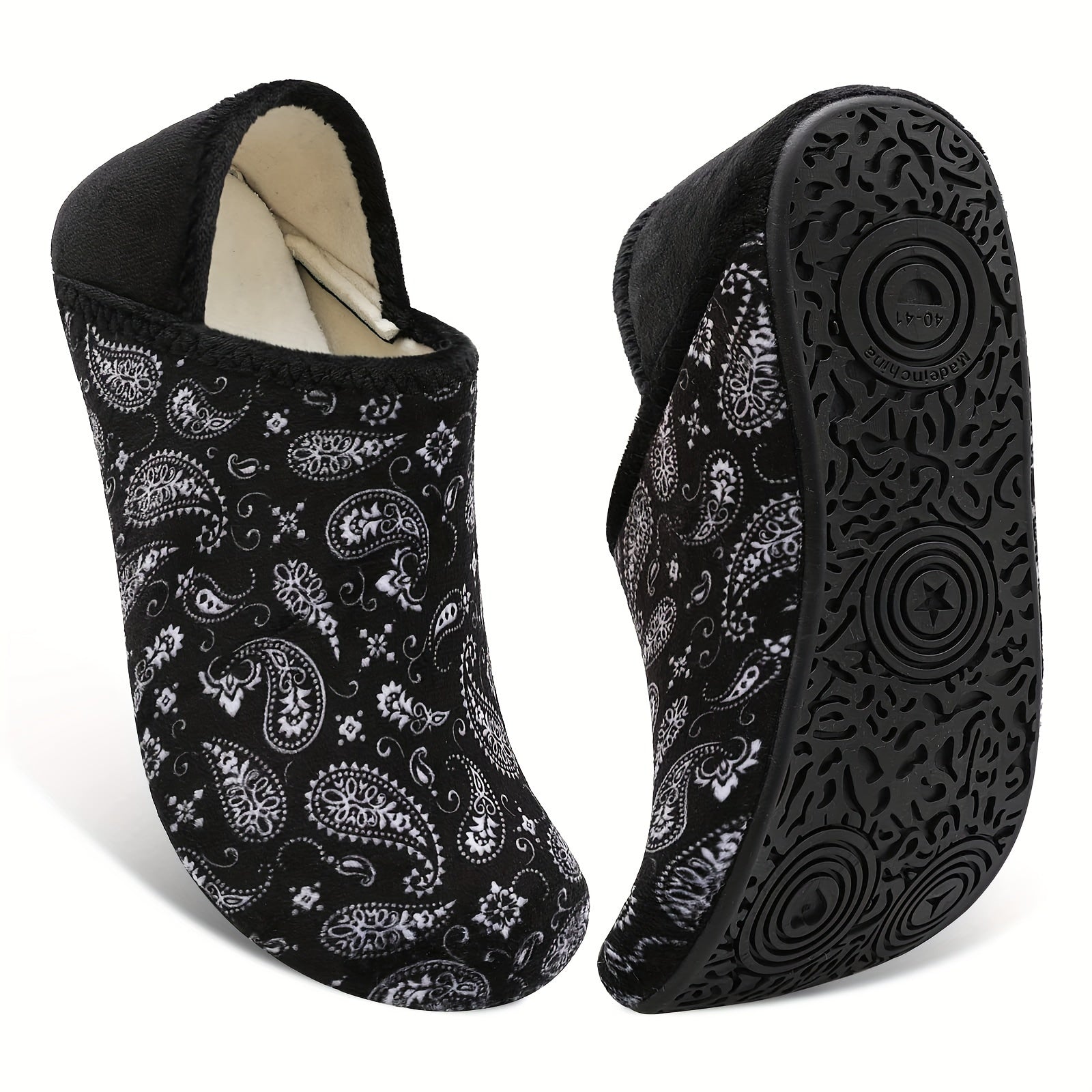 Women's Slip-On House Slippers Lightweight Non-Slip Black White Paisley