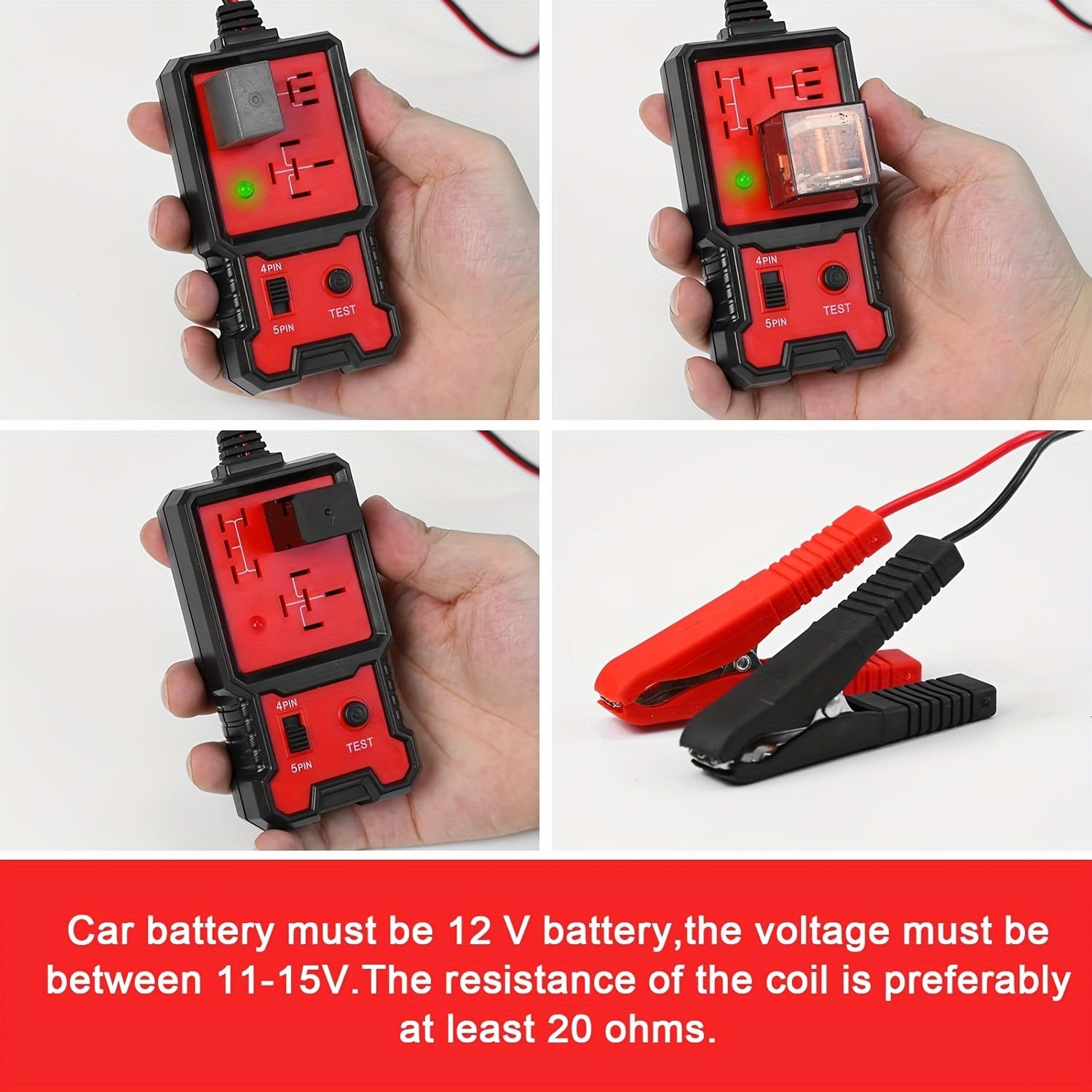 Automotive Relay Tester for 12V 4Pin and 5Pin with Battery Clips Diagnostic Tool
