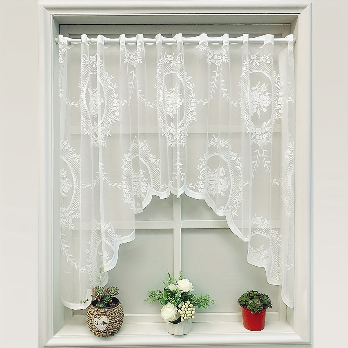 Lace Curtain Tiers with Rod Pocket Short Cafe Window Cover for Kitchen Bathroom Bedroom