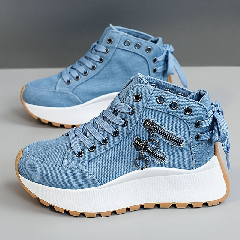 Women's Casual High-Top Sneakers Beige Breathable Fabric Lace-Up Shoes