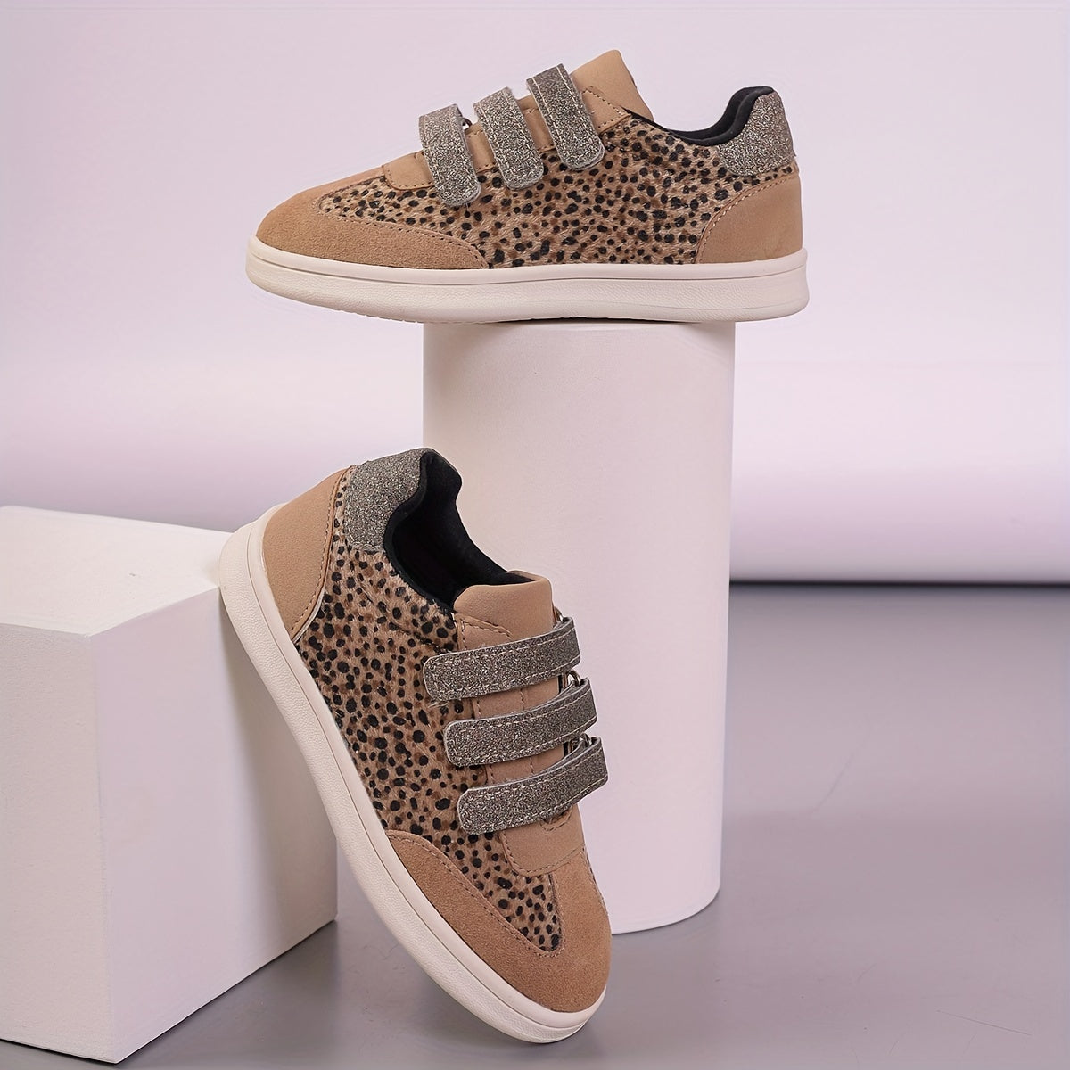 Kids' Animal Print and Beige Glitter Non-Slip Shoes with Hook-and-Loop Strap