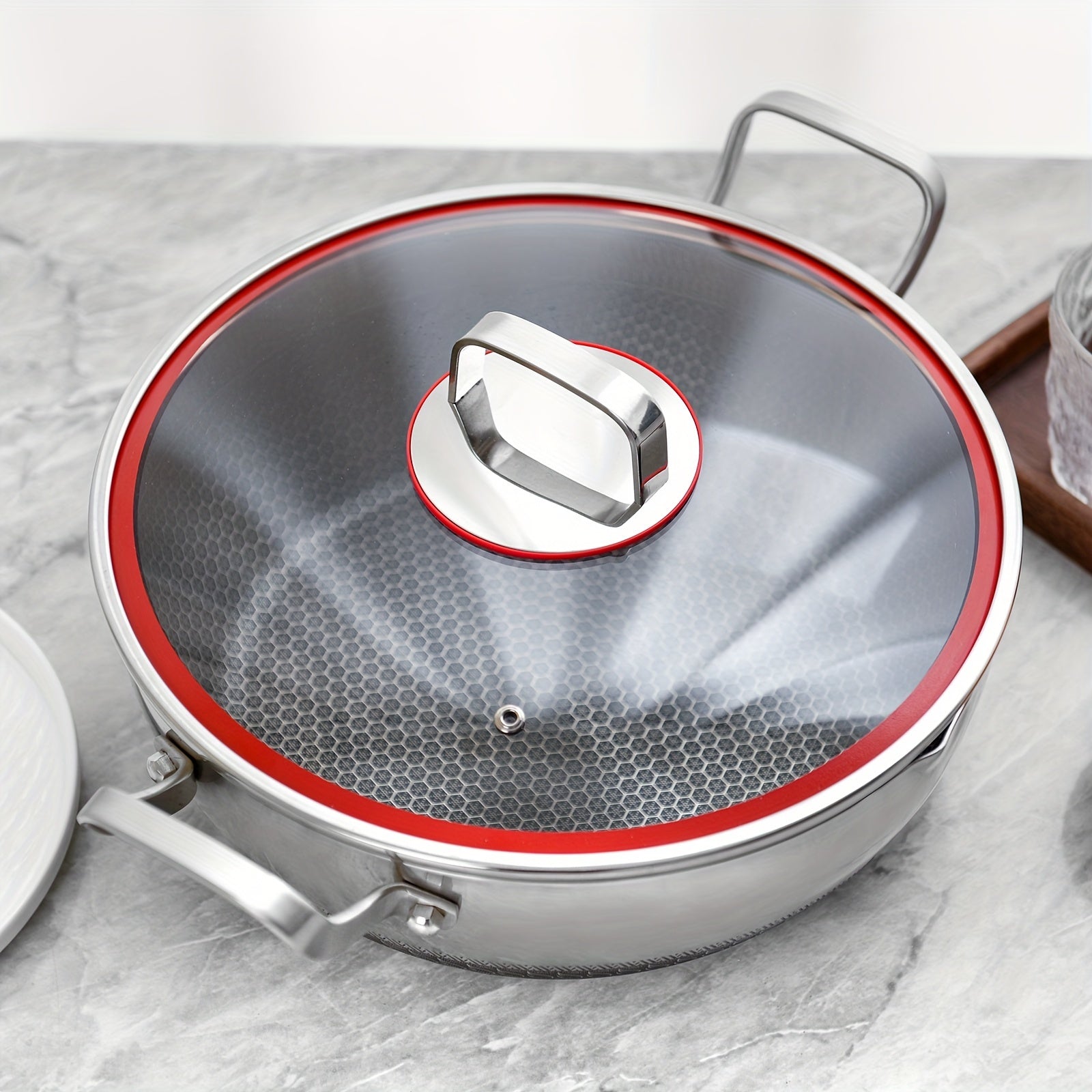 Uy oshxonasida foydalanish uchun mustahkam idish-to'plam: Tri-Ply zanglamaydigan po'latdan yasalgan qovurish panasi va qopqoq bilan yopishqoq sho'rva qozoni, issiq idish tayyorlash uchun ideal