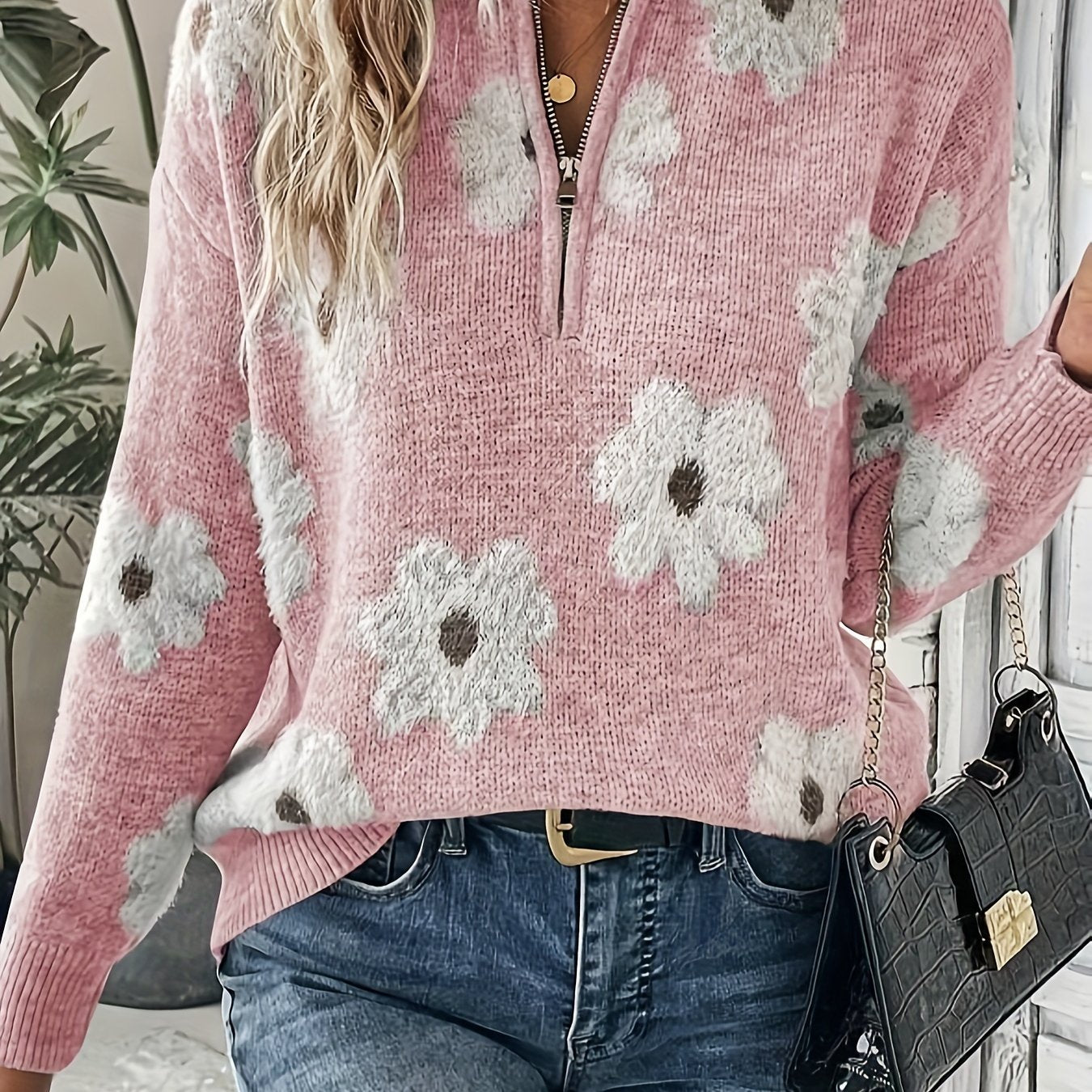 Women's Floral Pattern Zip Sweater Long Sleeve Casual Pullover for Autumn Winter