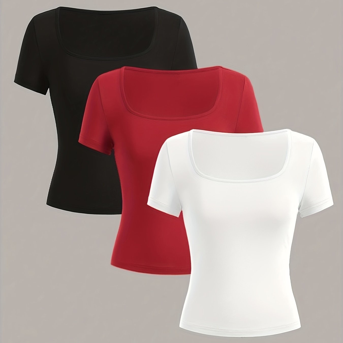 Set of 3 Women's Square Neck Short Sleeve T-Shirts Casual Sporty Polyester Black White Red