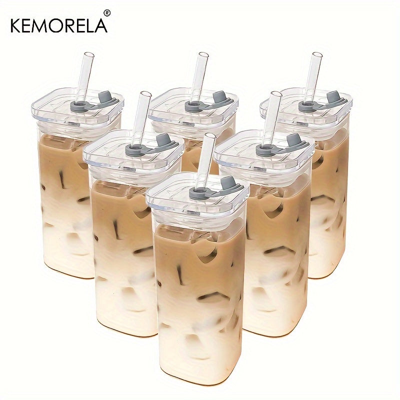 4/6pcs 380ml Rectangular Heat-Resistant Glass Mug with Lid and Straw Reusable Drinking Cup