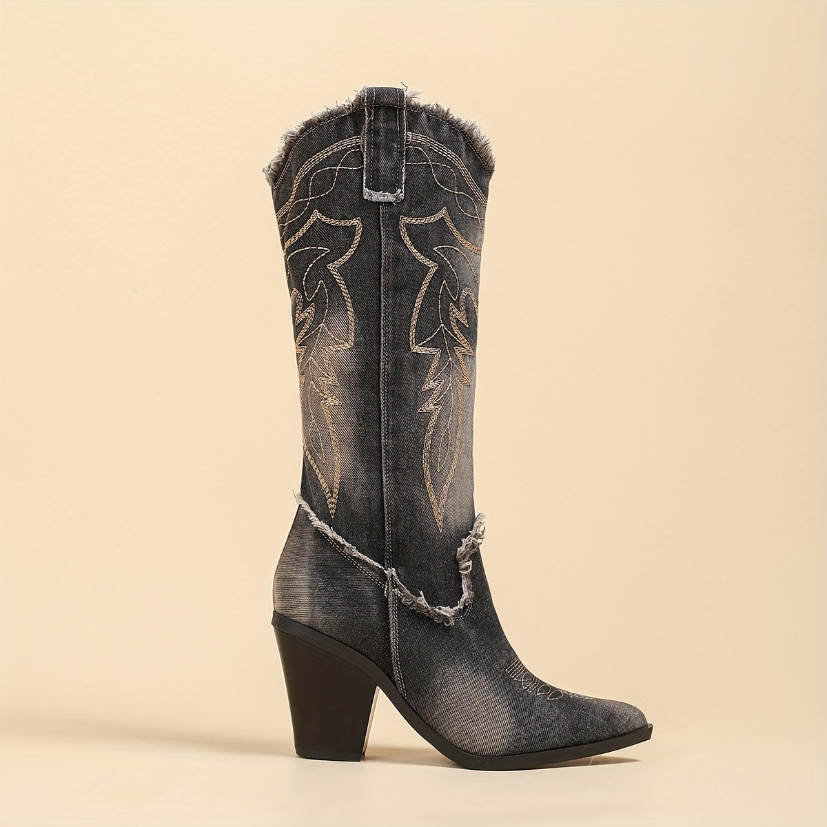 Women's Knee High Boots Leather Retro Western Style Pointed Toe Zipper Heel