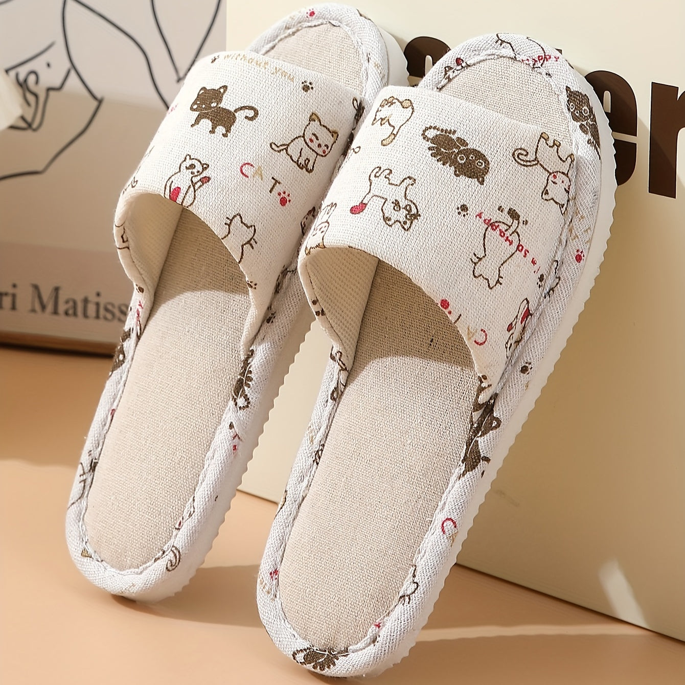 Women's Cat Print Flat Slippers Open Toe Non-slip Casual Slides