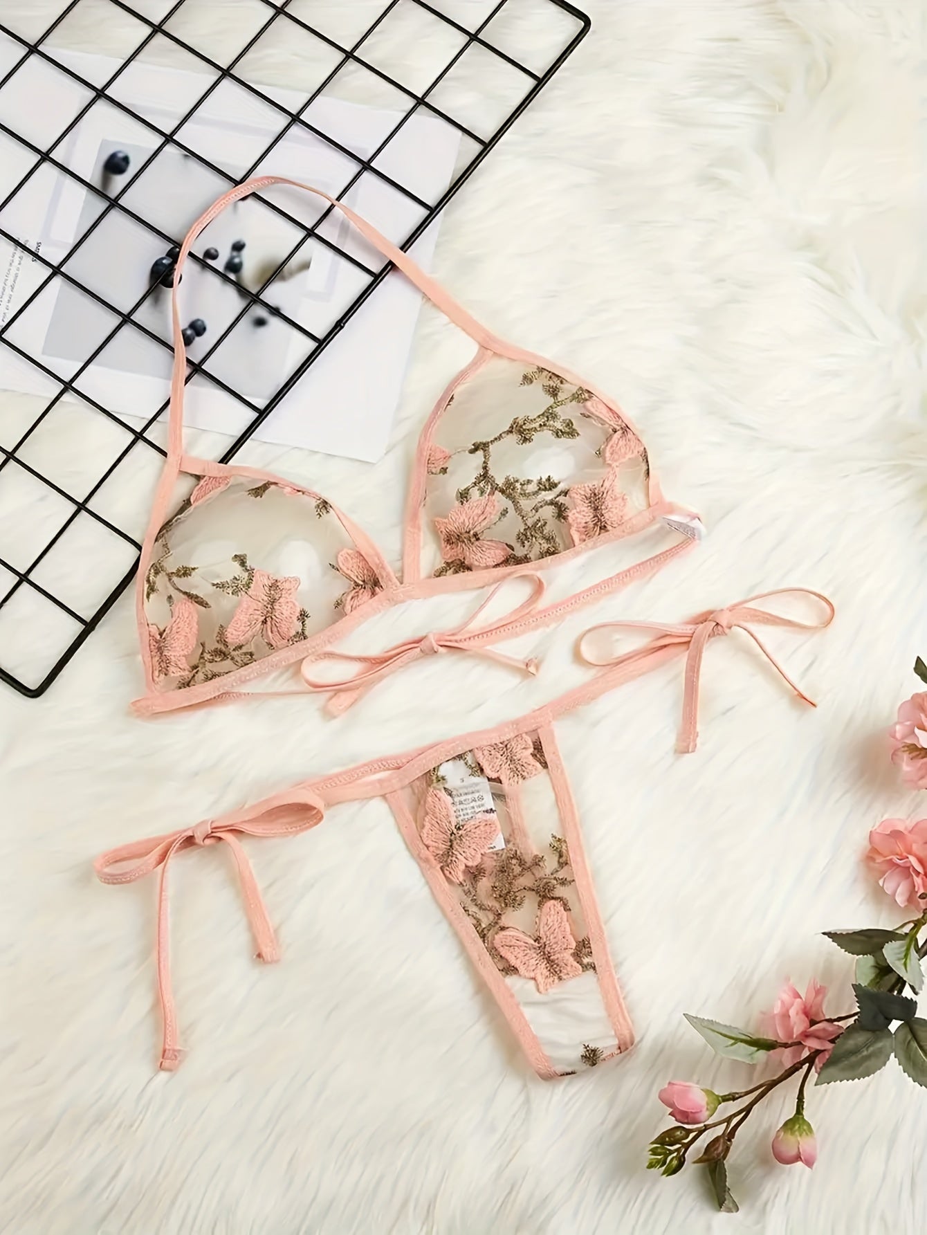 Women's Deep V Butterfly Lace Lingerie Set Halter Neck Bra and Thong