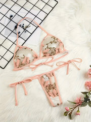 Women's Deep V Butterfly Lace Lingerie Set Halter Neck Bra and Thong