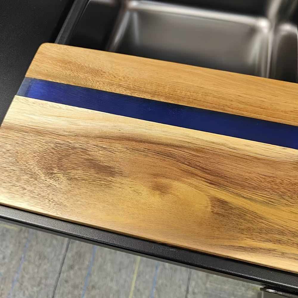 Acacia Wood and Resin Cheese Board Set with Blue Stripe, Charcuterie Platter, Kitchen Serving Tray