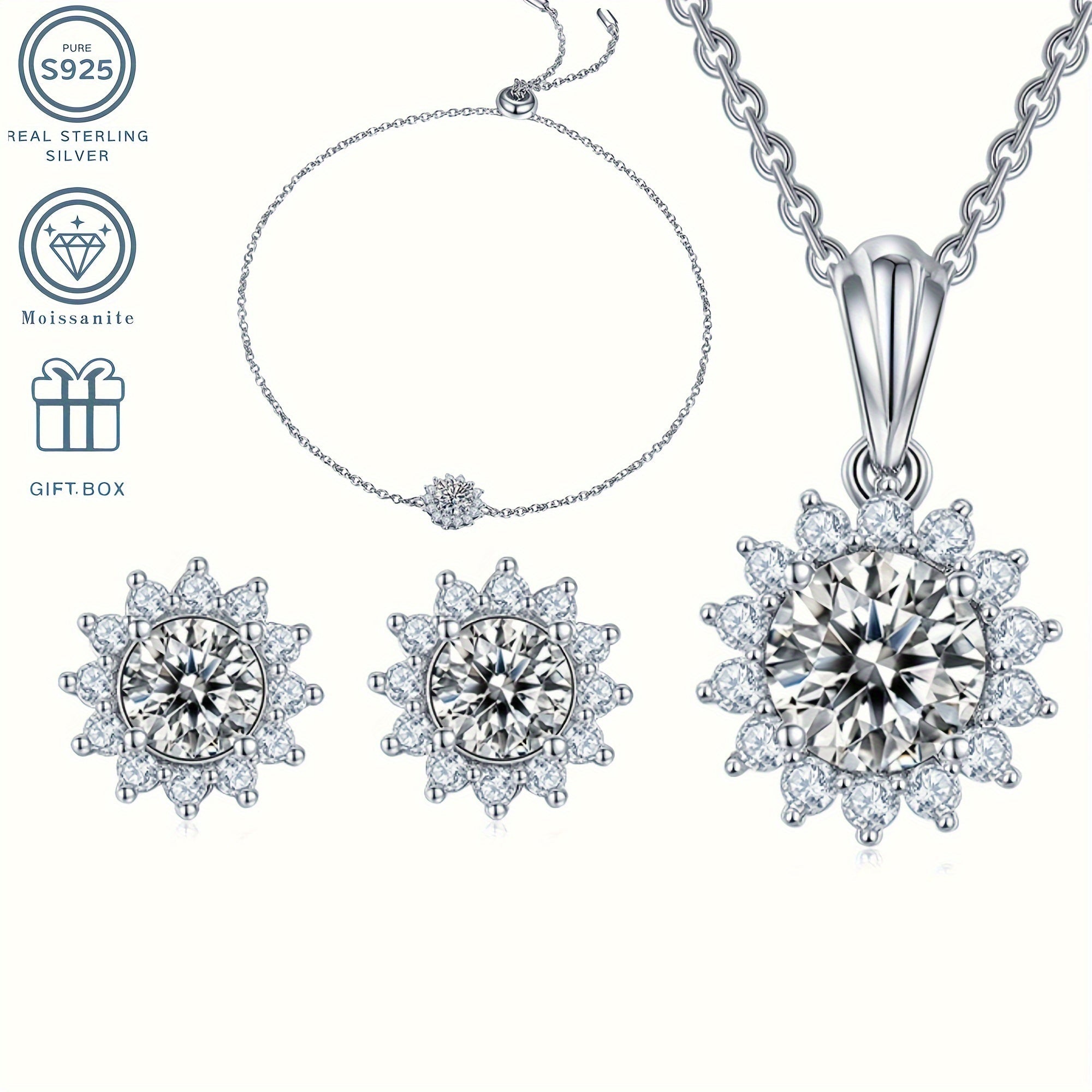 Set of 4 Moissanite Jewelry Pieces Sterling Silver Sunflower Necklace Earrings Bracelet Gift Box