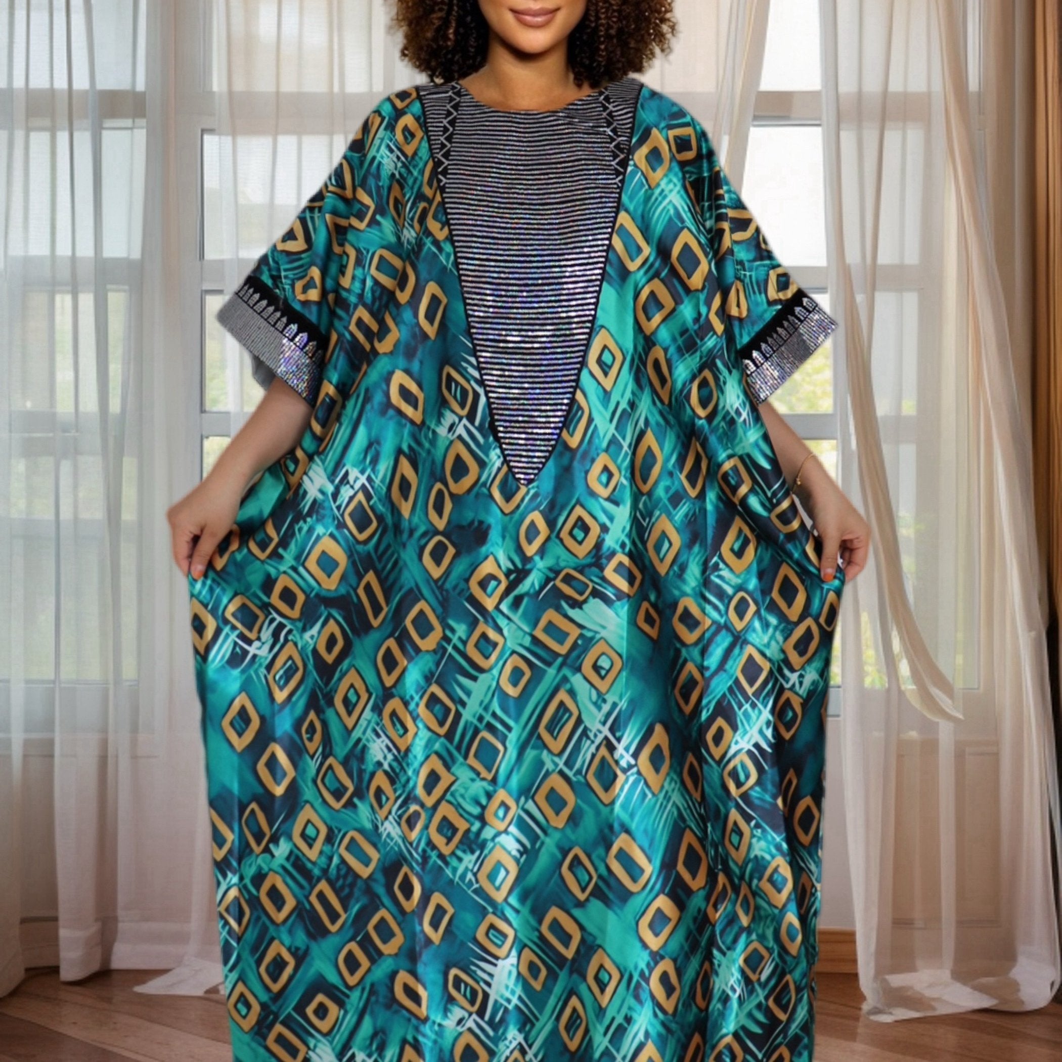 Plus Size African Lady Sequin Printed Satin Long Dress