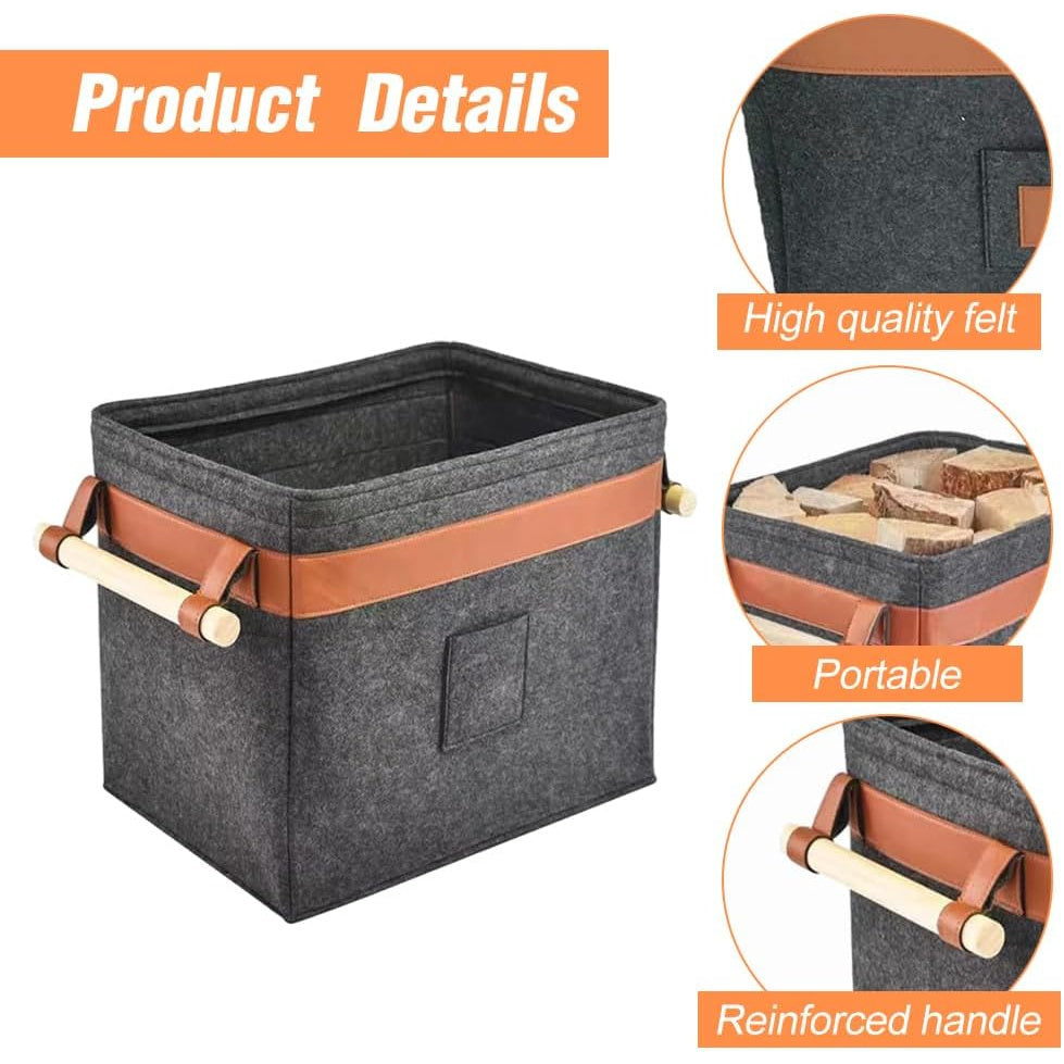 Extra Thick Felt Firewood Carrier Basket with Reinforced Handle, Foldable Storage Bag