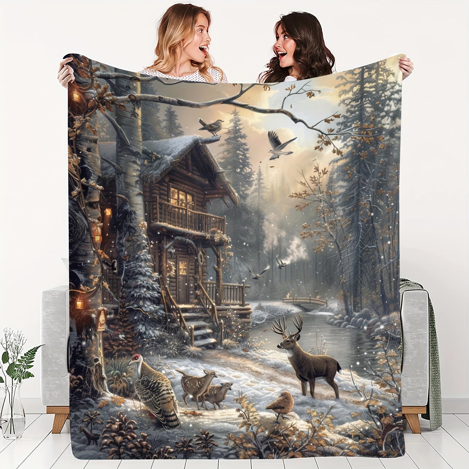 Flannel Forest Elk Blanket Warm Cozy Throw for Bed Sofa Travel