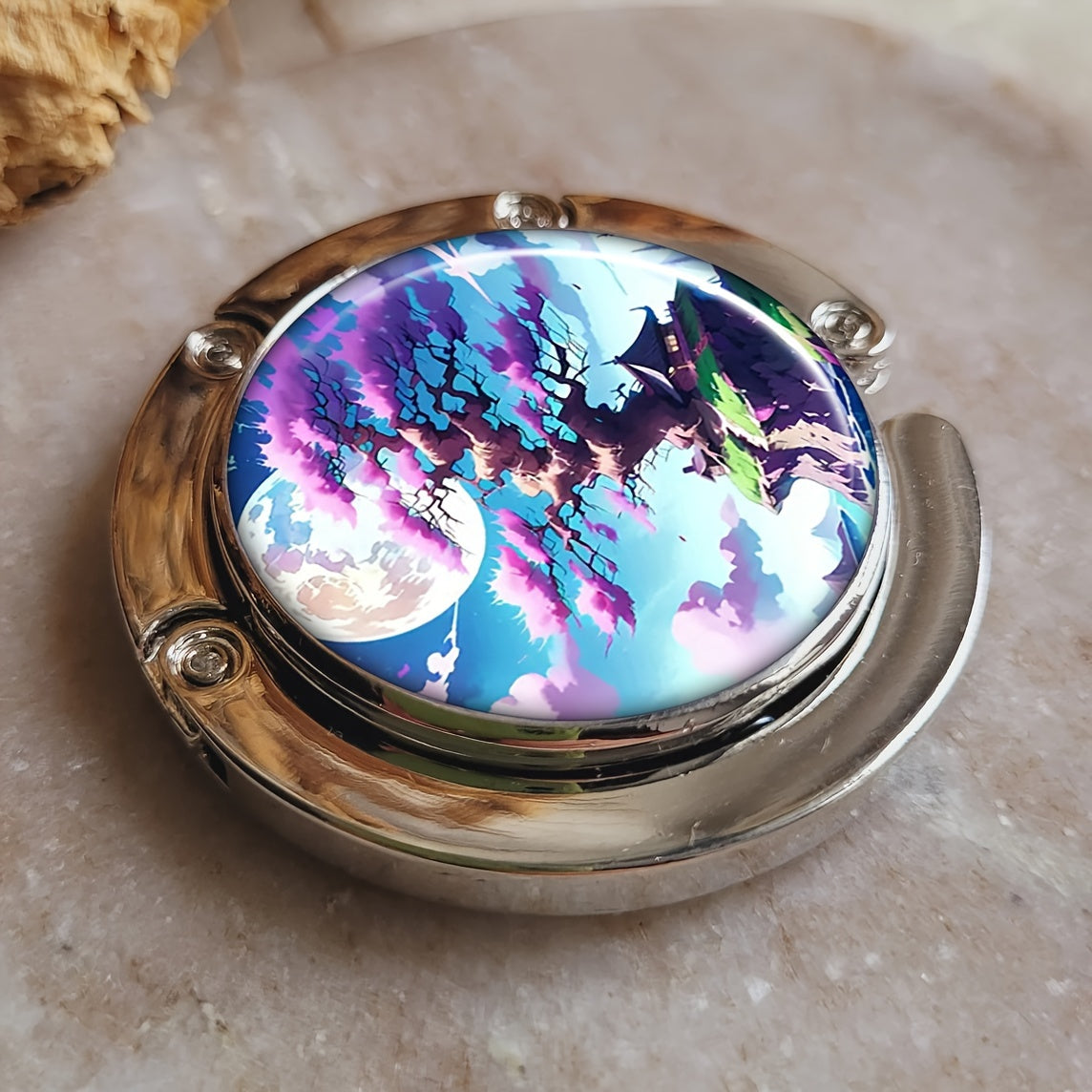 Folding Metal Purse Hanger with Cherry Blossom Tree and Moon Design Portable Handbag Hook Stylish Bag Holder