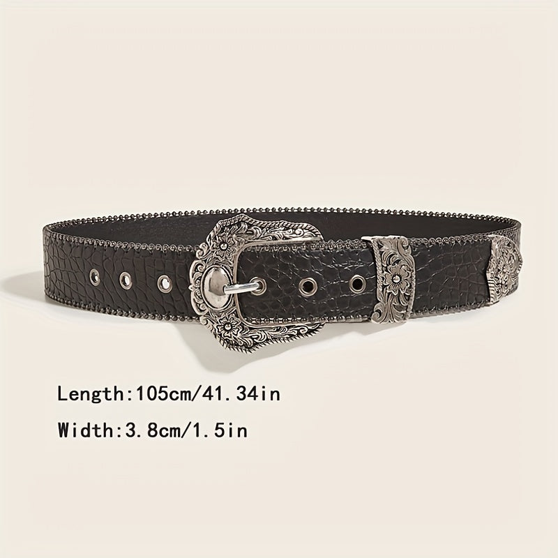 Ayollar uchun qora PU g'arb uslubidagi kamar, oymali tokchali va toshli bosma bilan