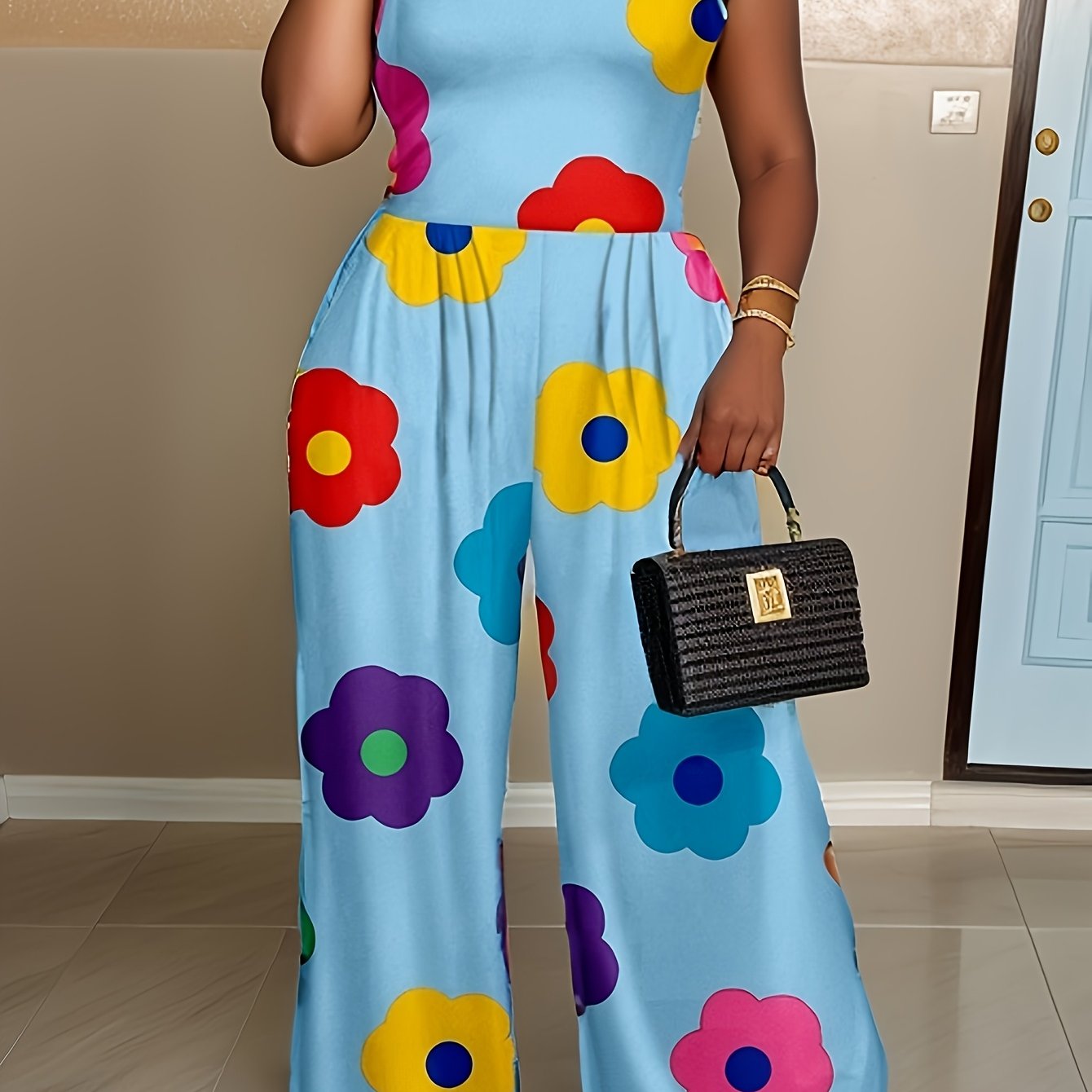 Plus Size Women's Sleeveless Floral Print Jumpsuit Black Summer Casual Easycare