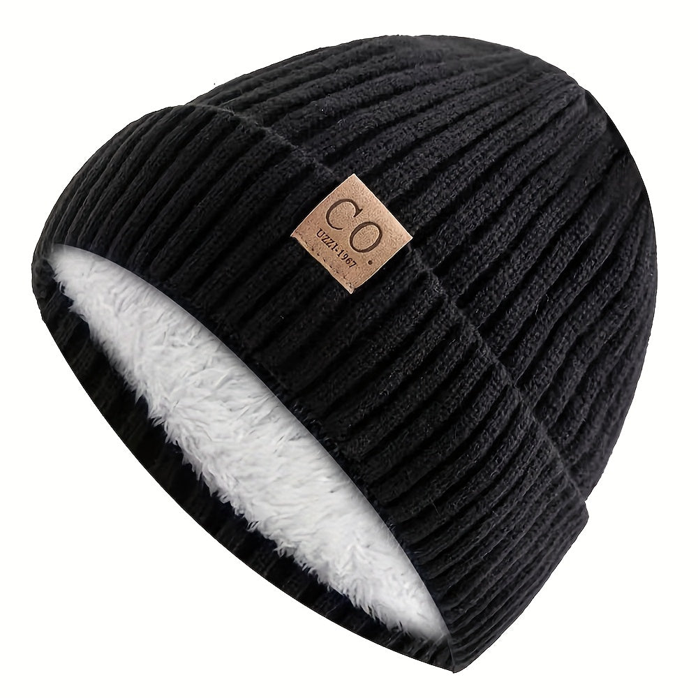 Knit Beanie with Letter Patch, Fleece-Lined, Ear Protection, Men’s Sporty Hat