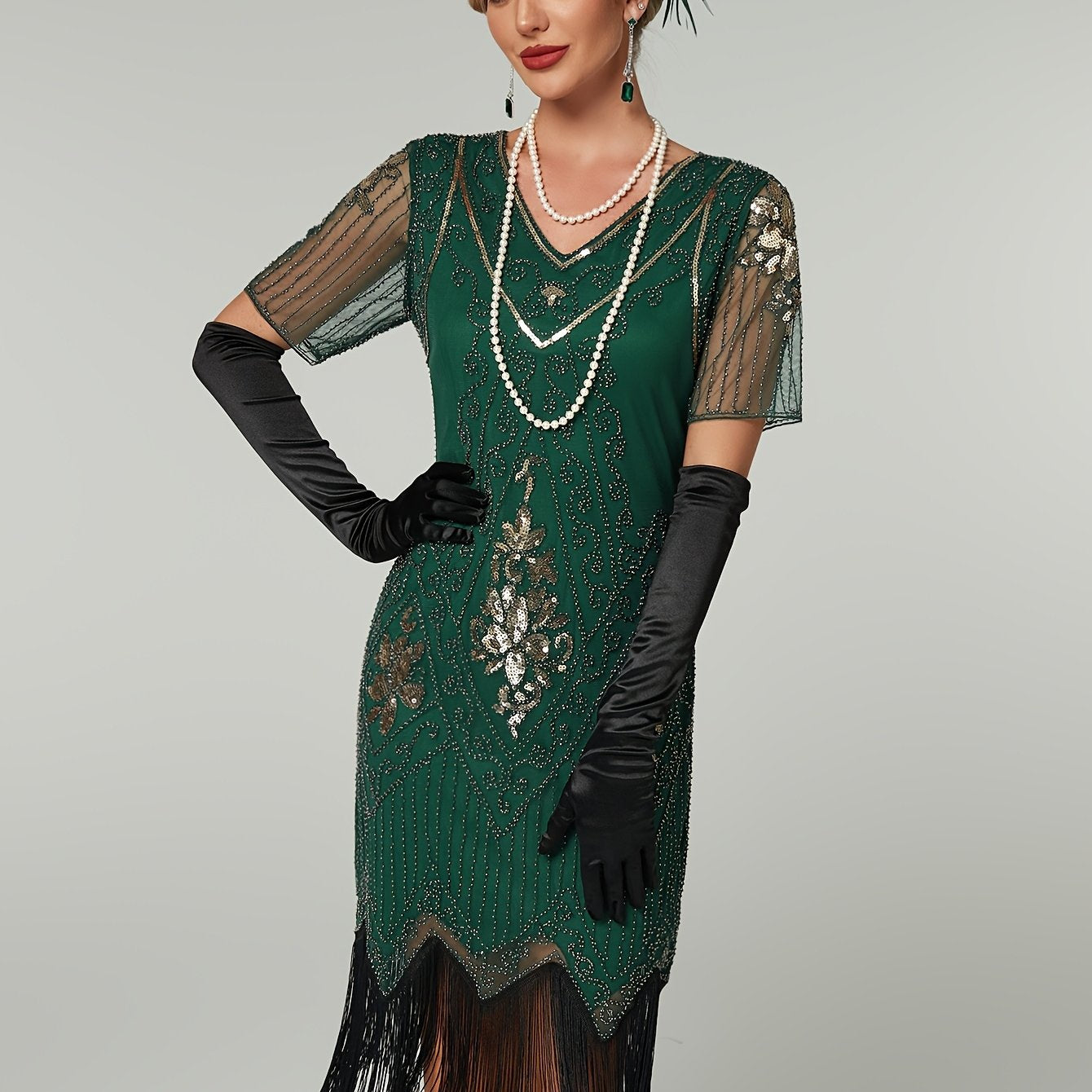 Women's Sequin Flapper Dress Gatsby Style Short Sleeve Party Gown