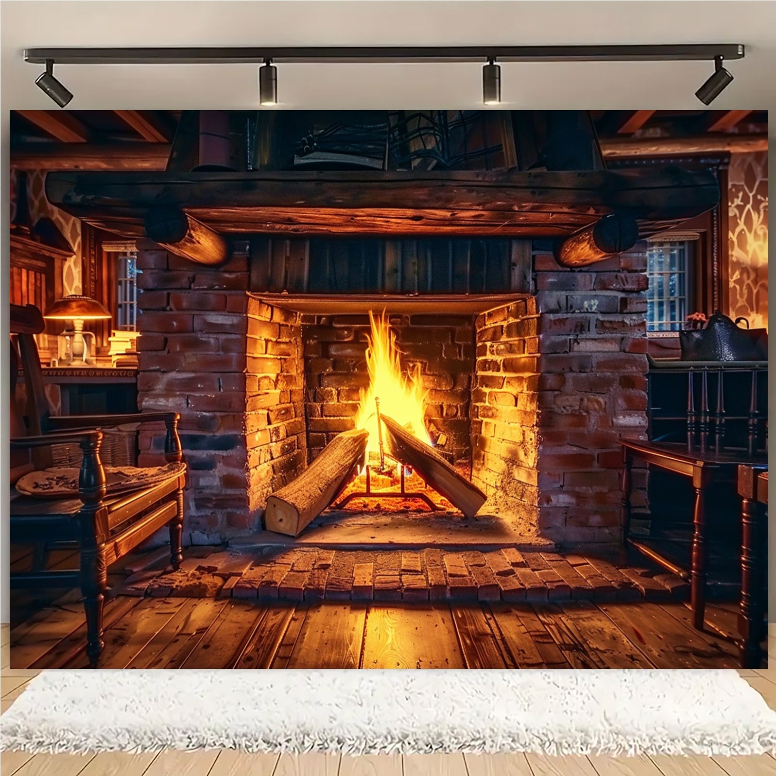 Realistic Fireplace Polyester Backdrop with Burning Wood Design in Multiple Sizes
