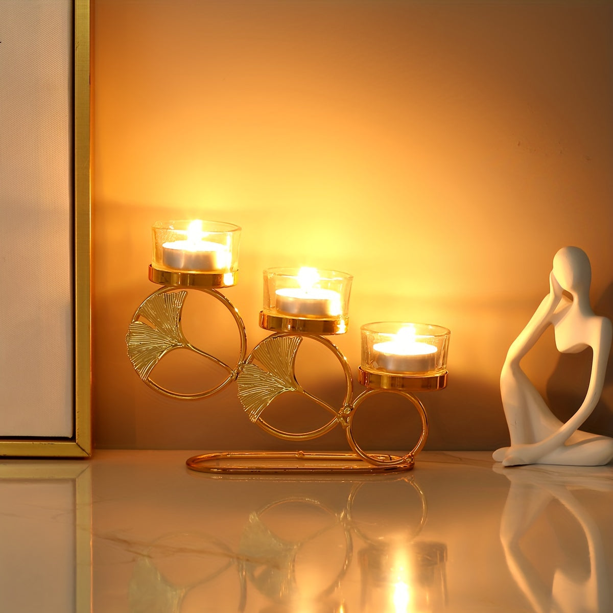 Ginkgo Leaf Candle Holder with Three Gold Cups for Romantic Decor and Weddings