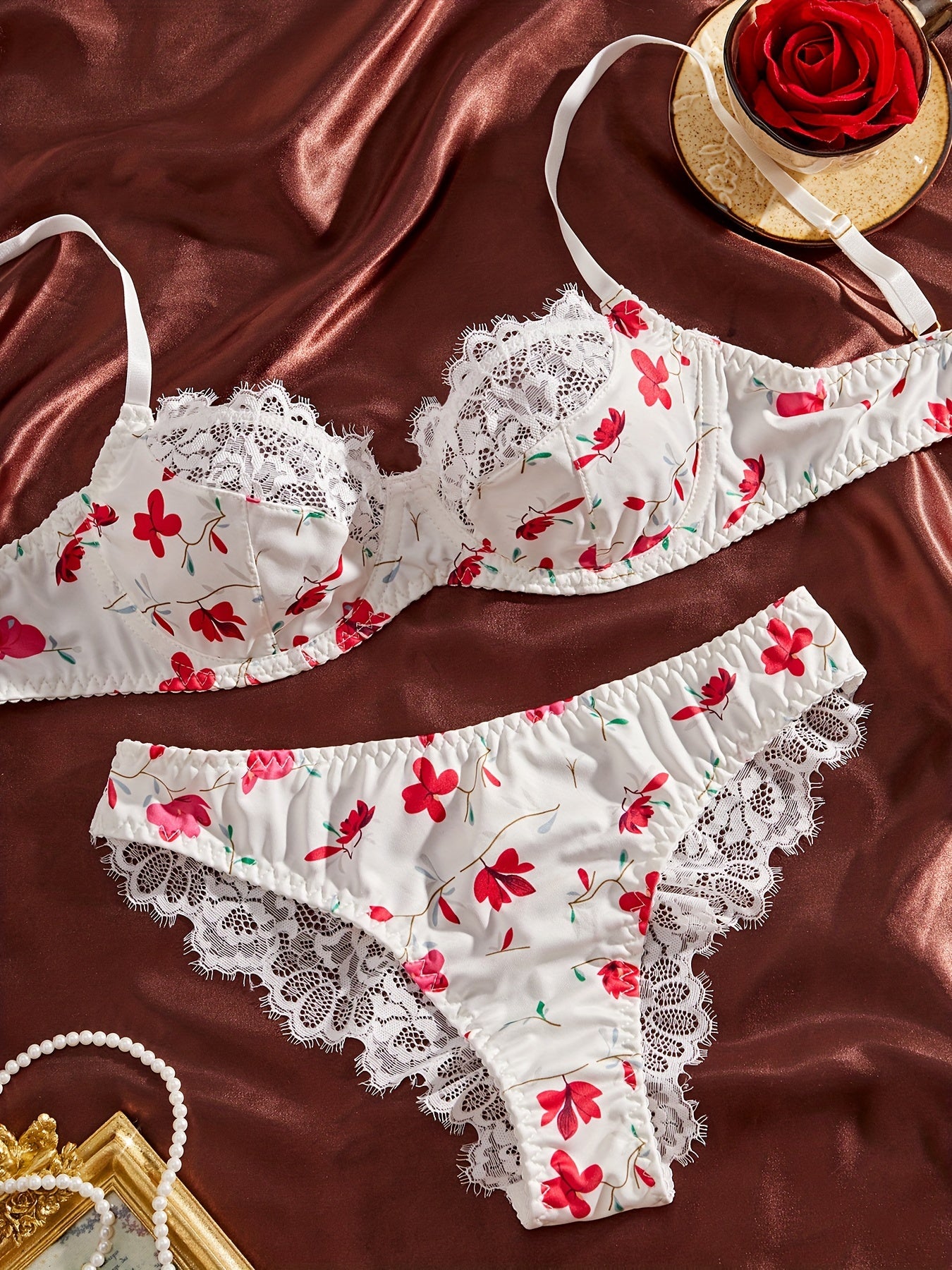 Women's Floral Lace Bralette Set with Knit Polyester Fabric