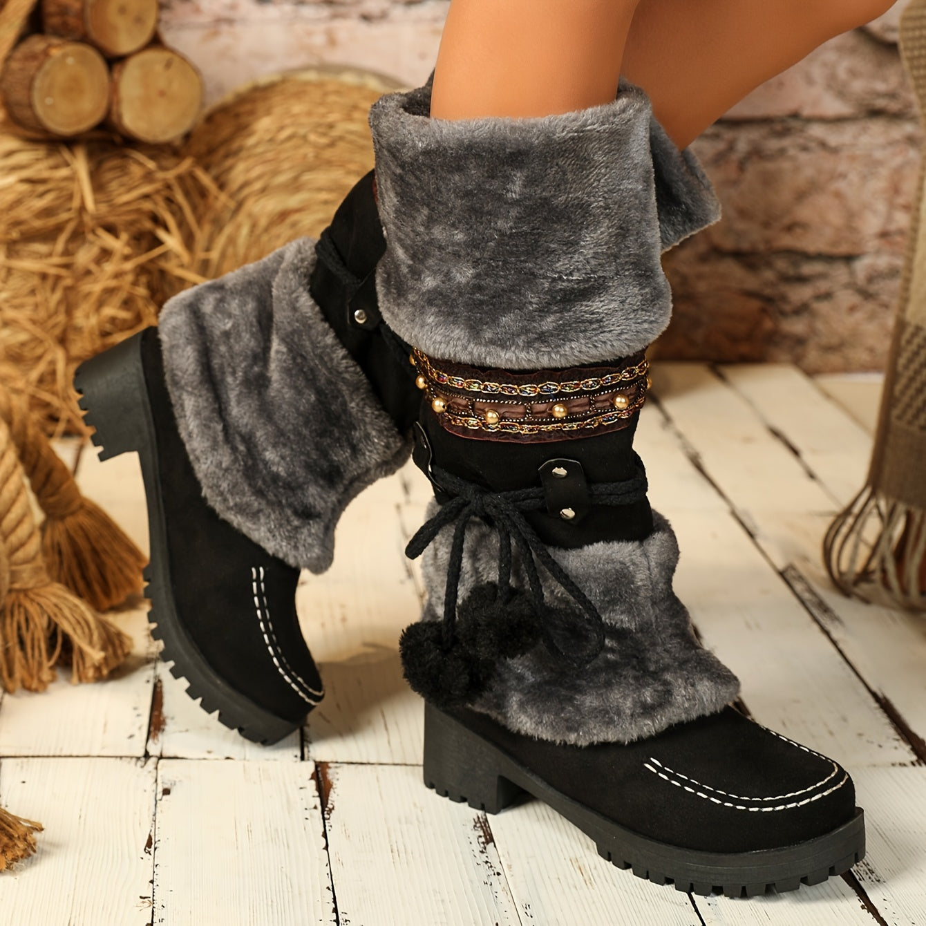 Women's Faux Fur Lined Mid-Calf Cowboy Boots with Heels for Autumn Winter