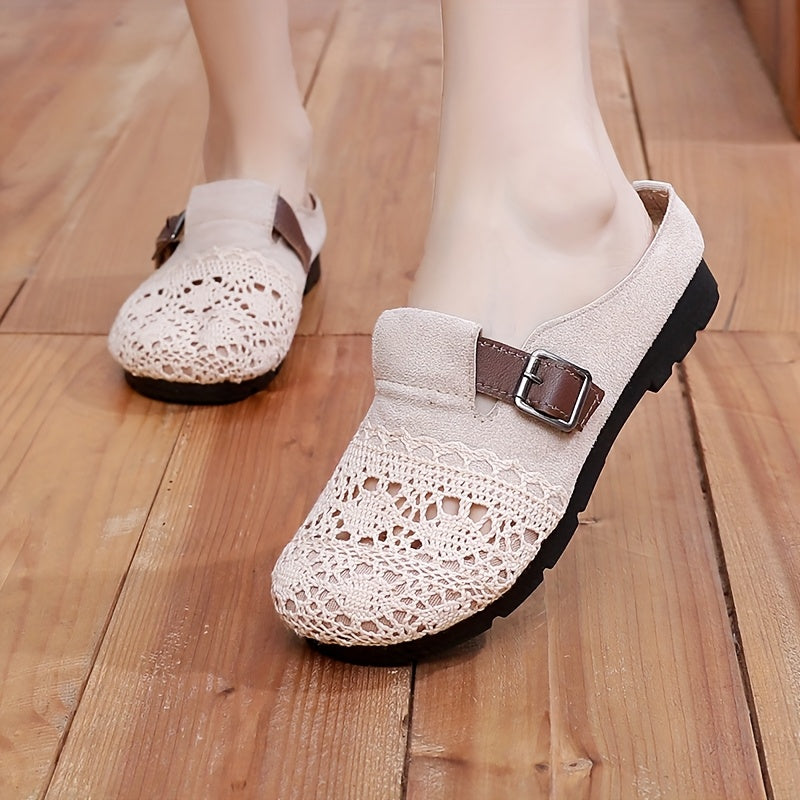 Women Lace Mules with Belt Buckle Breathable Summer Floral Slide Sandals