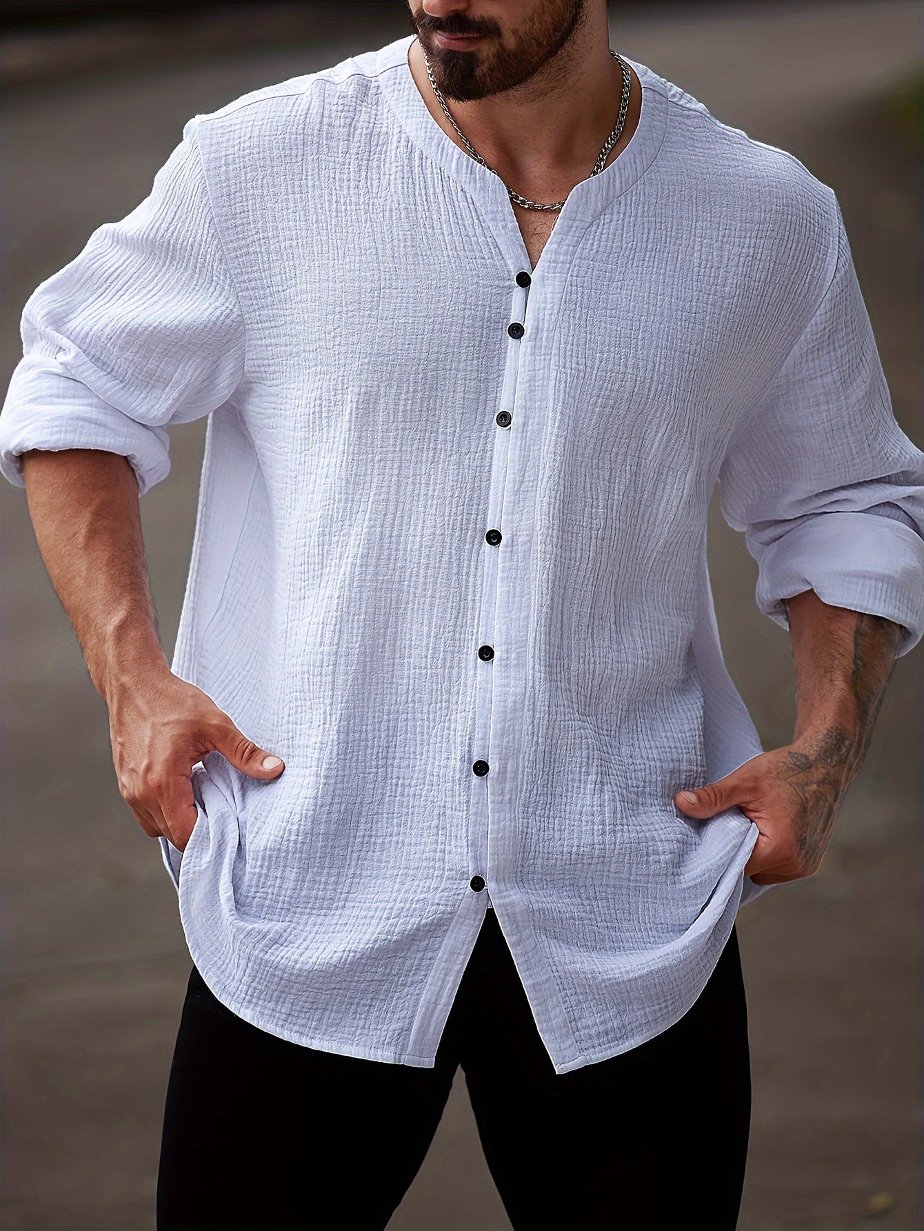 Men's Cotton Casual Shirt Large Crew Neck Solid Color Spring Fall