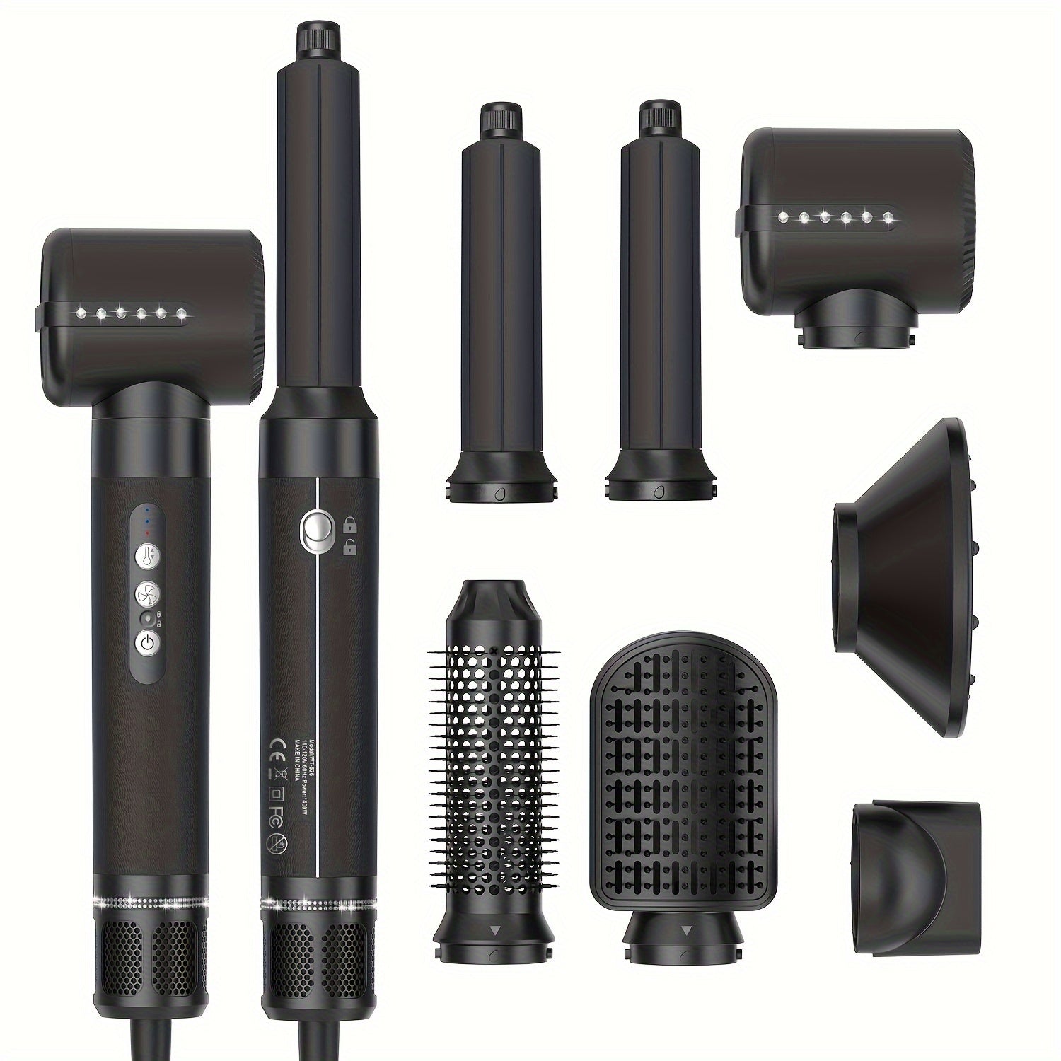 7-in-1 Hair Styling Tool with 1400W Power and 110000 RPM Includes Diffuser Curling Wand Concentrator Volumizer and Straightener Brush