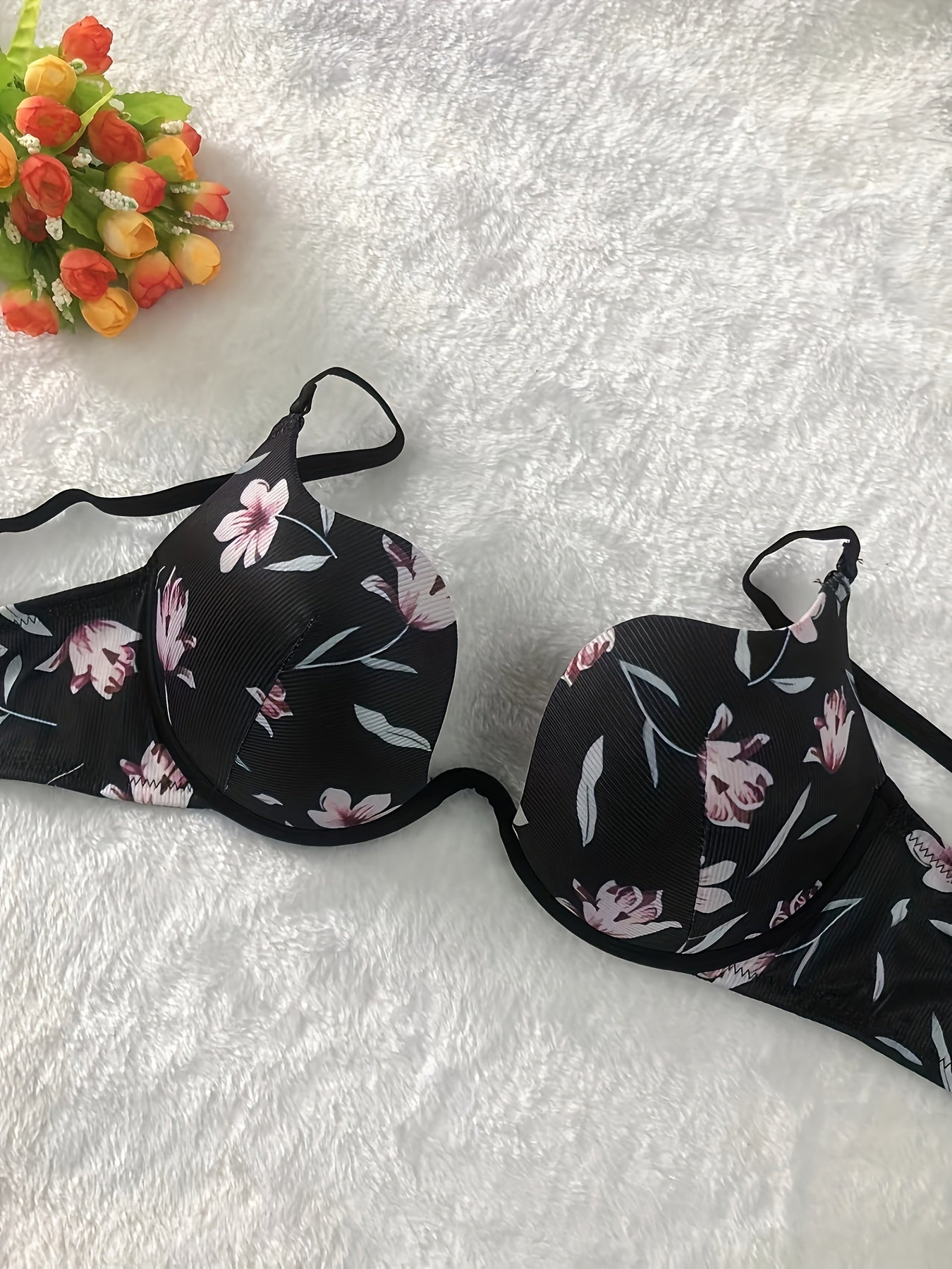 Three Pack Floral Lingerie Bras for Adults Polyester Elastane Knit Fabric U-Shape Scoop Non-Removable Padding Underwire