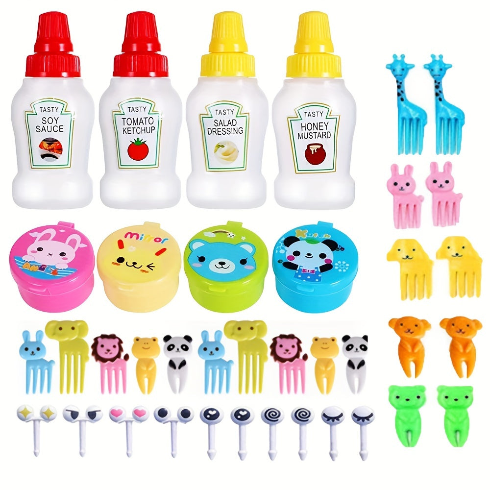 38-Piece Kids Lunch Accessories Set with Animal and Fruit Fork Picks Salad Dressing Squeeze Bottles Bento Box Decorations