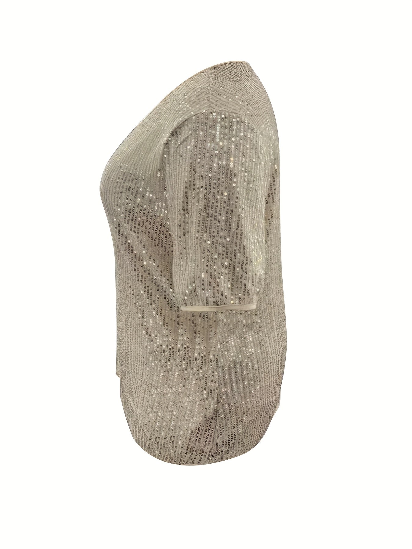 Plus Size Sequin V-Neck Blouse in Gold Yellow Polyester Short Sleeve Elegant